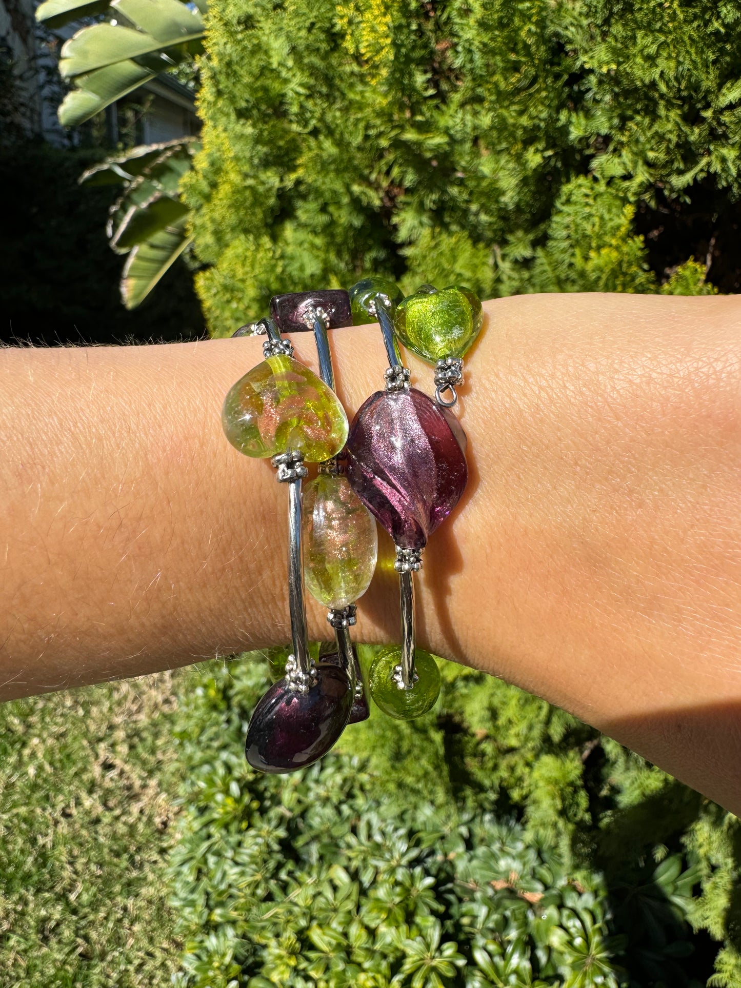 Purple Green Galaxy Spiral Blown Glass Bracelet