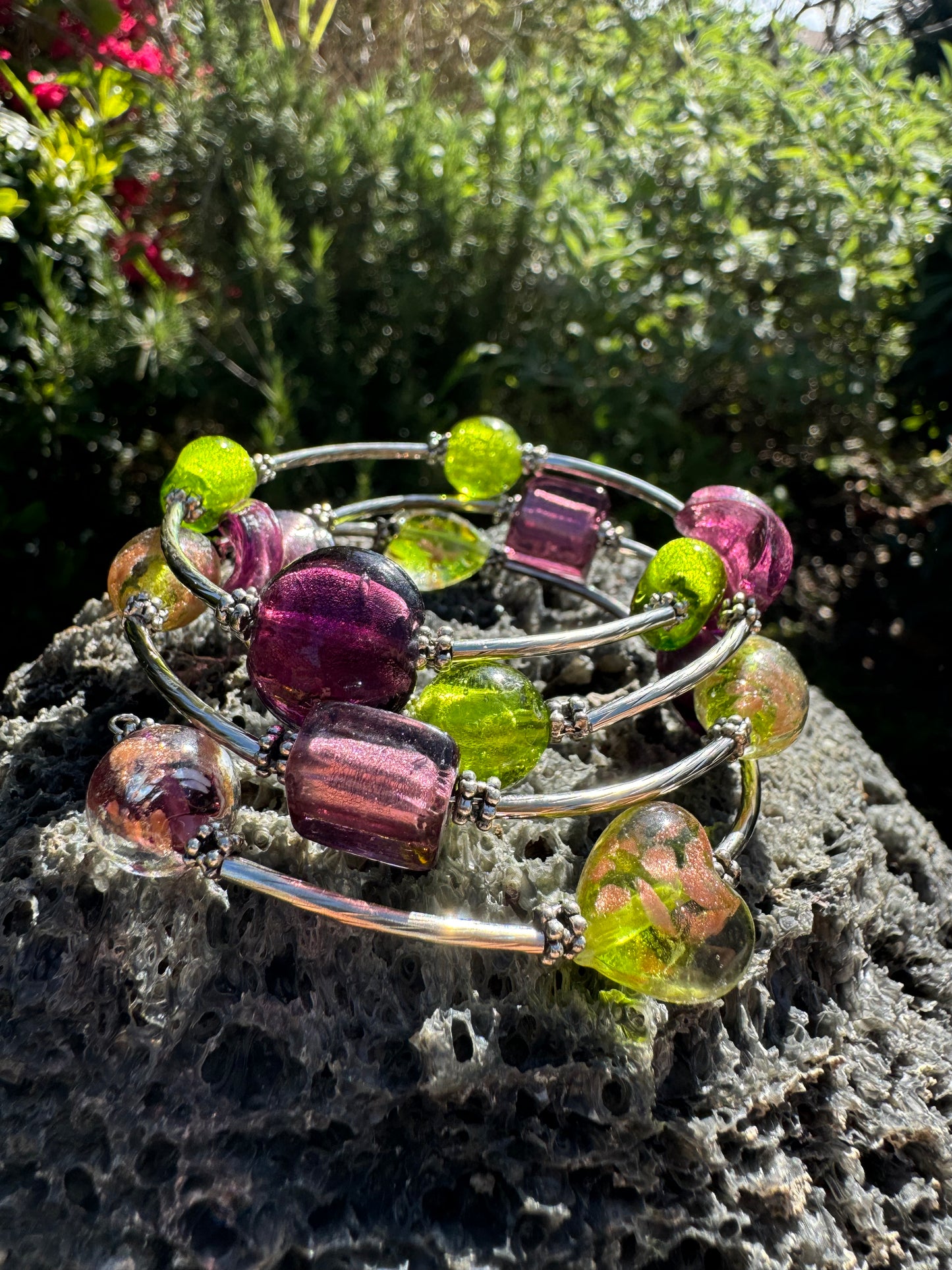 Purple Green Galaxy Spiral Blown Glass Bracelet