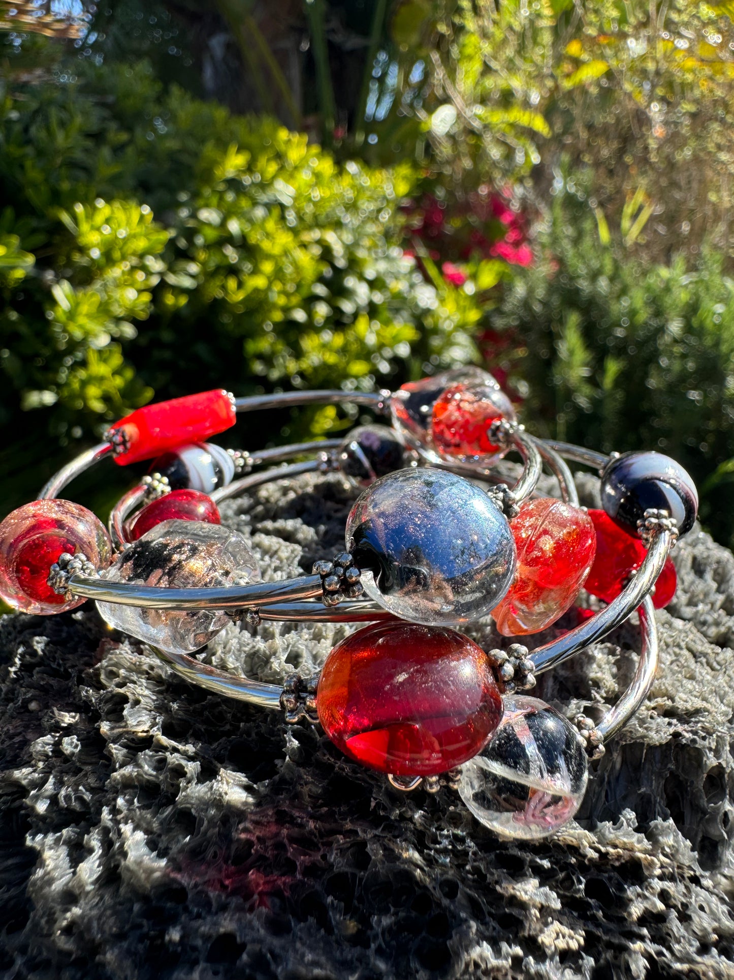 Red Zebra Galaxy Spiral Blown Glass Bracelet