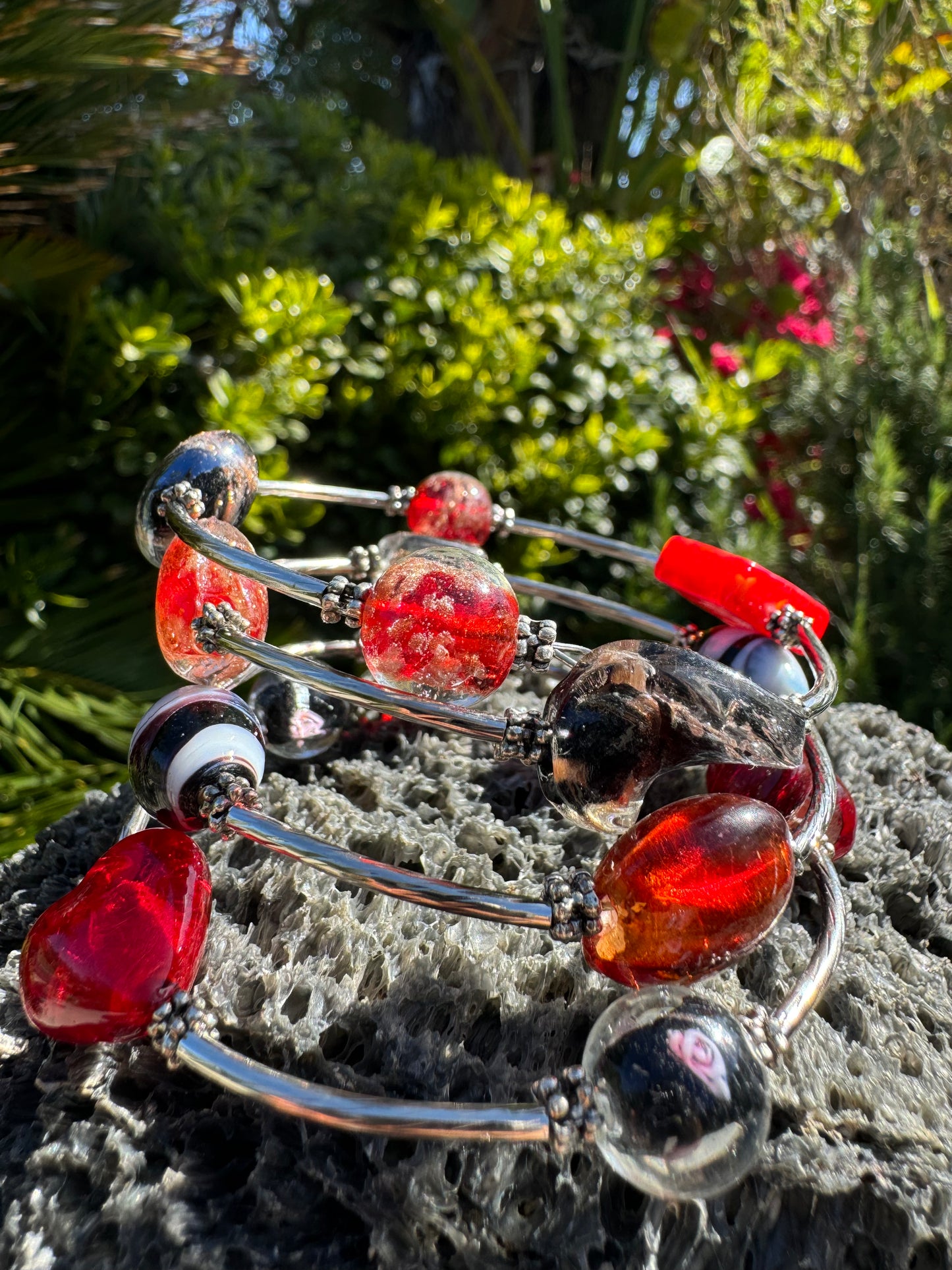 Red Zebra Galaxy Spiral Blown Glass Bracelet