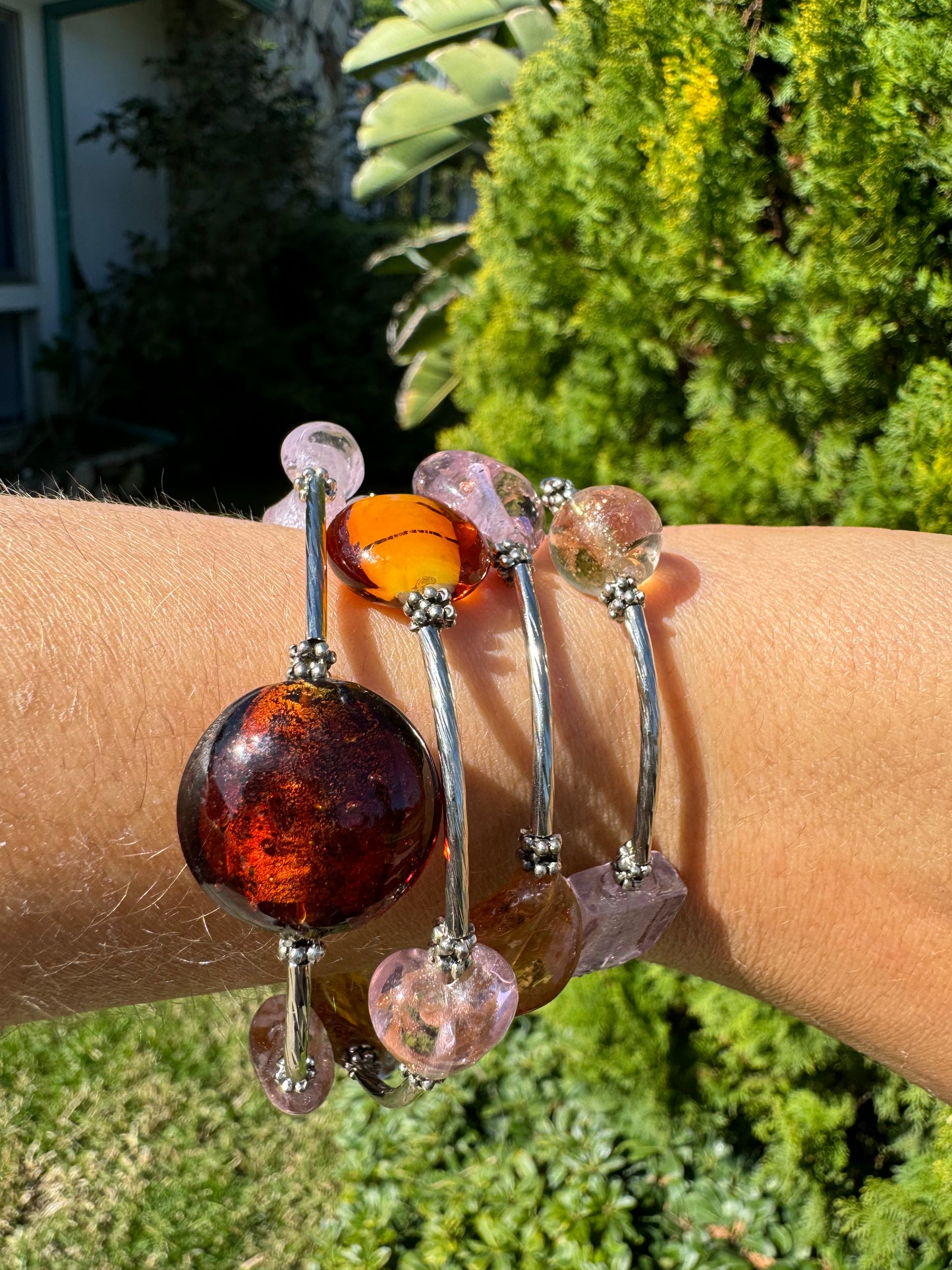 Pink Galaxy Spiral Blown Glass Bracelet