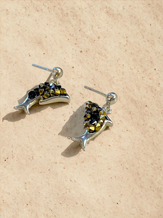 Brown & Gold Austrian Crystal Dolphin Sterling Silver Earrings