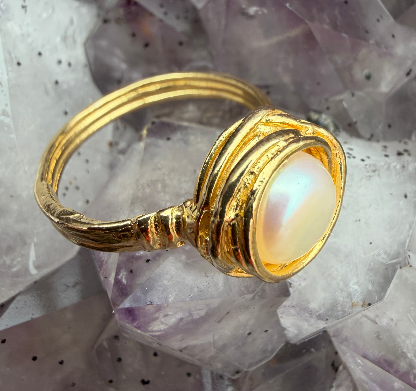 Ancient Glow White Pearl Gold Plated Ring featuring a luminous white pearl set in a textured gold plated band.