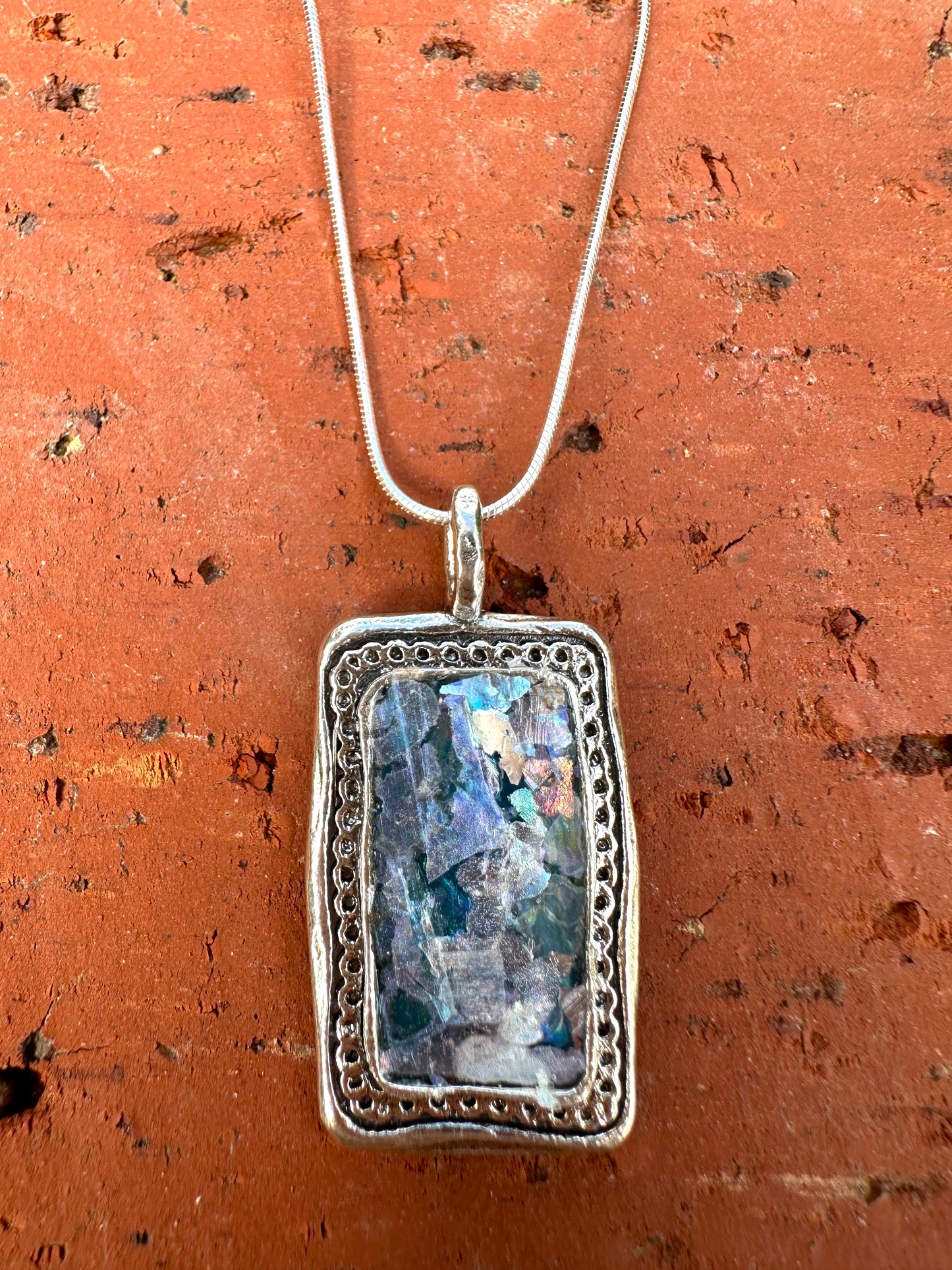 Ancient Roman Glass Big Rectangle Sterling Silver Necklace