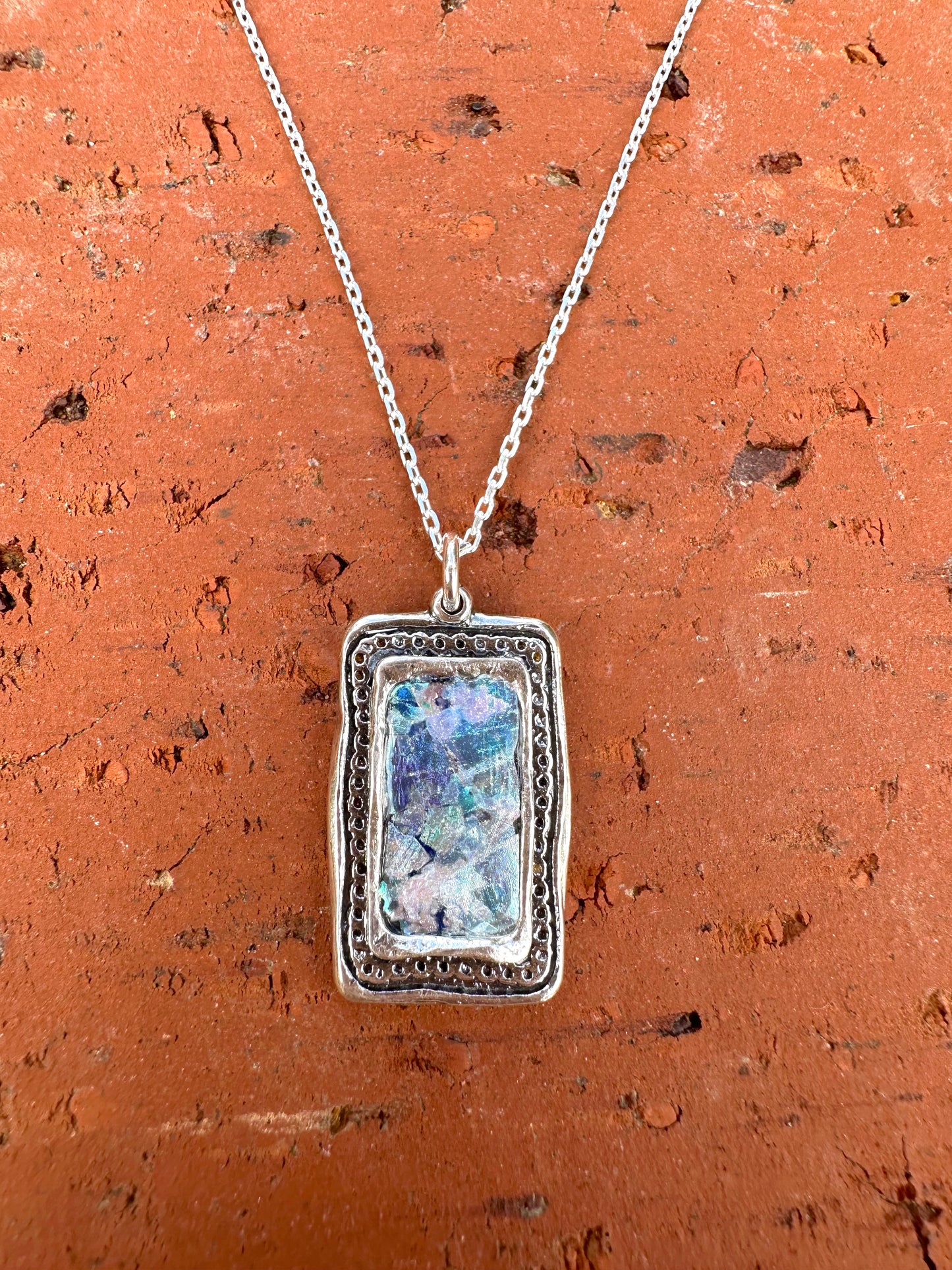 Ancient Roman Glass Rectangle Sterling Silver Necklace