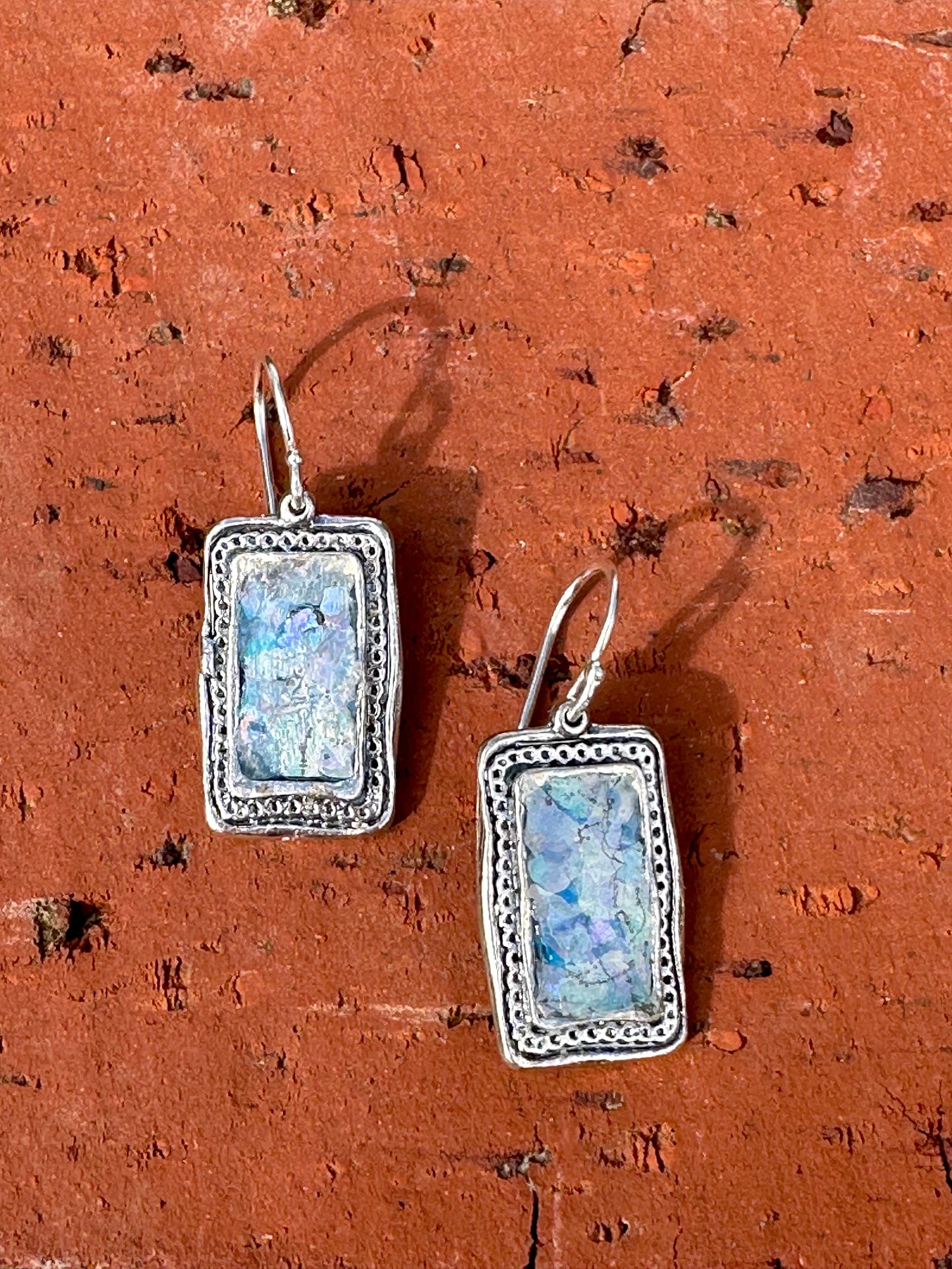 Ancient Roman Glass Rectangle Sterling Silver Earrings