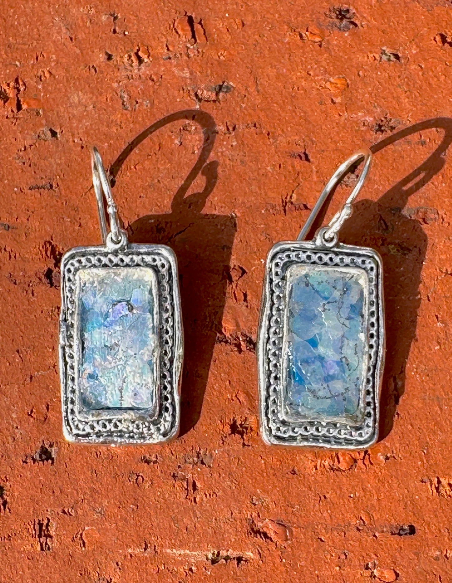 Ancient Roman Glass Rectangle Sterling Silver Earrings