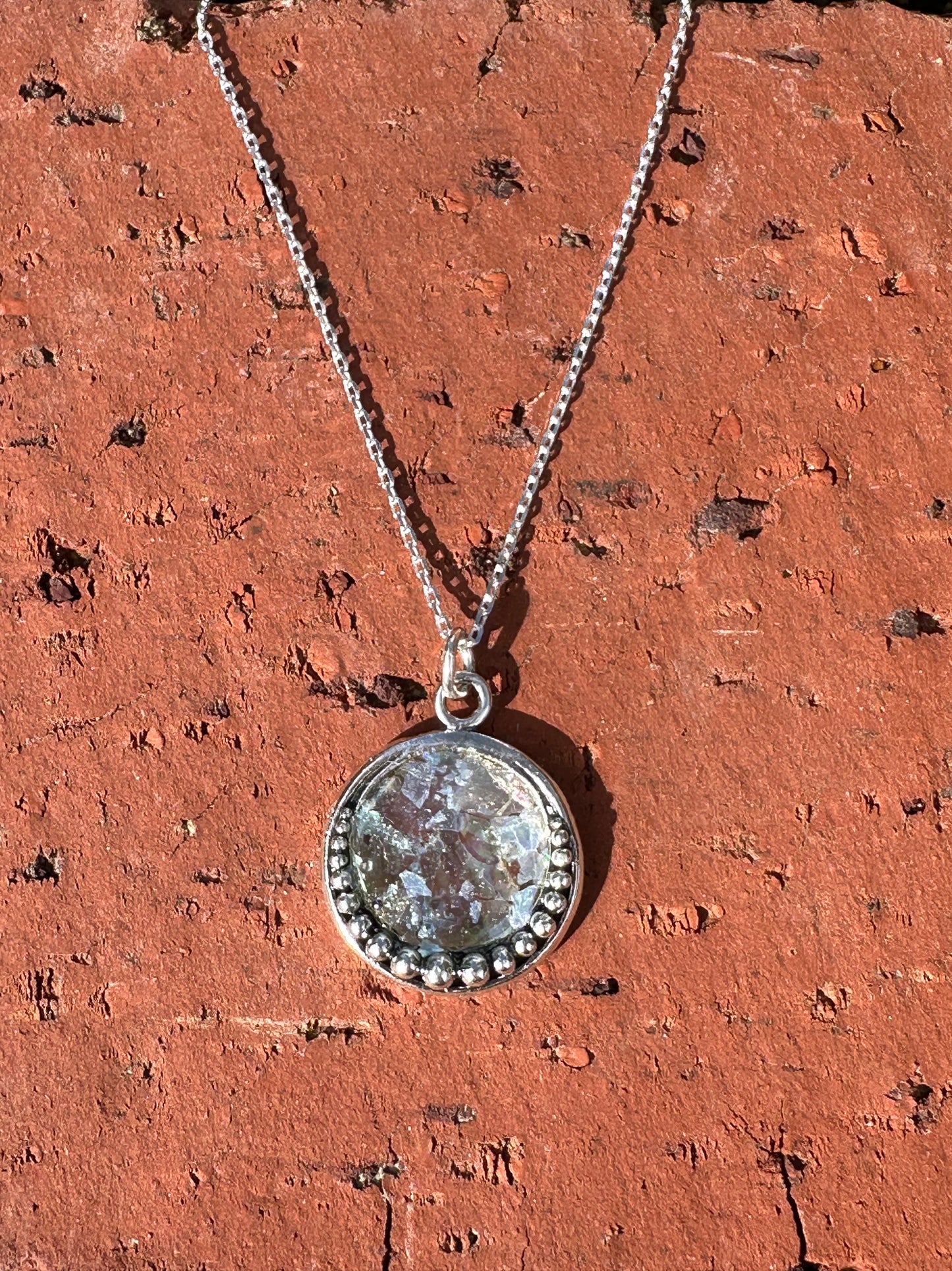 Ancient Roman Glass Round Sterling Silver Necklace