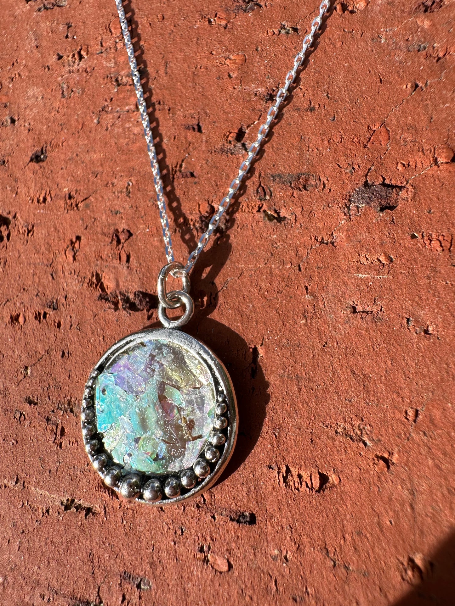 Ancient Roman Glass Round Sterling Silver Necklace