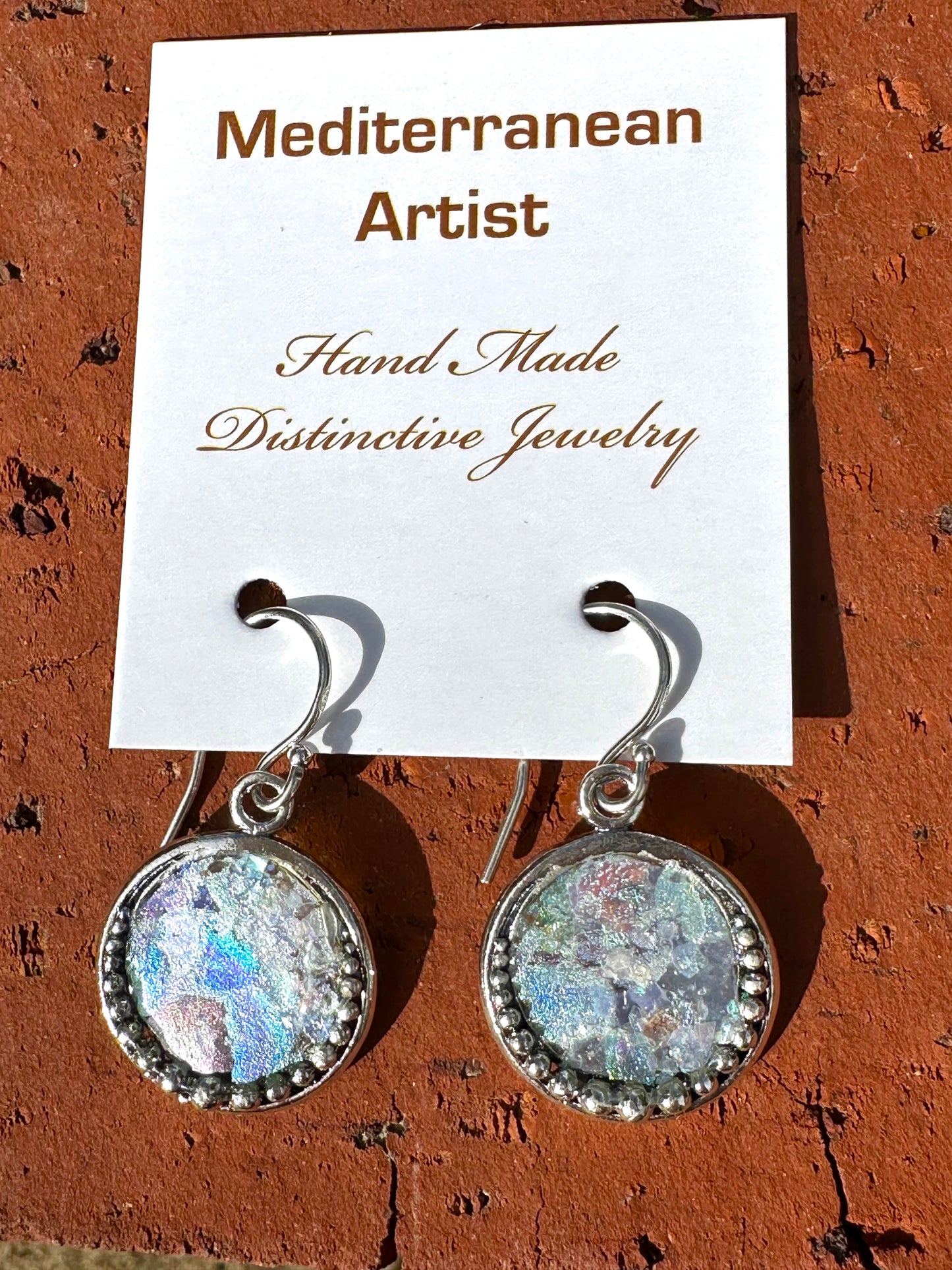 Ancient Roman Glass Round Sterling Silver Earrings