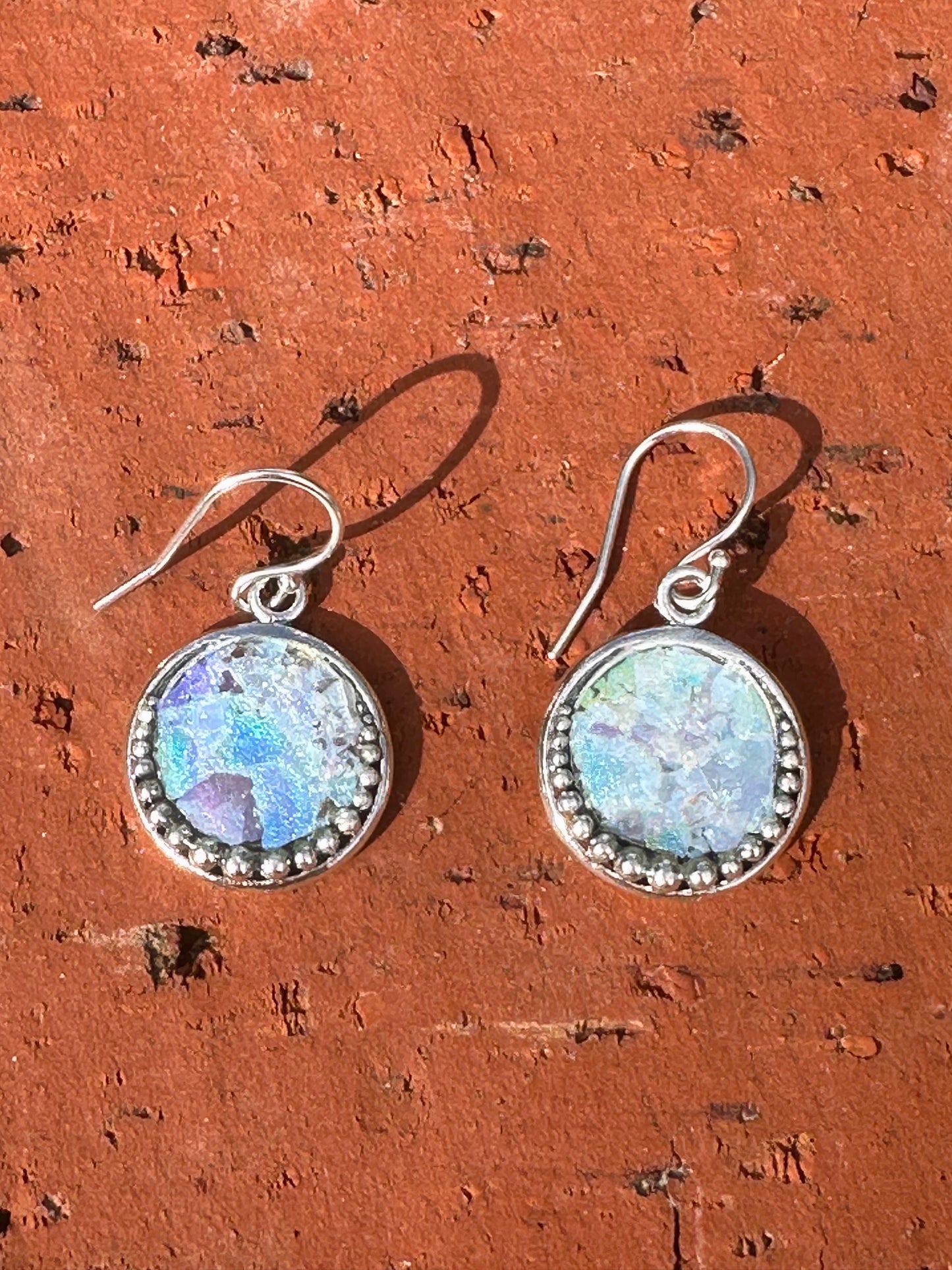 Ancient Roman Glass Round Sterling Silver Earrings