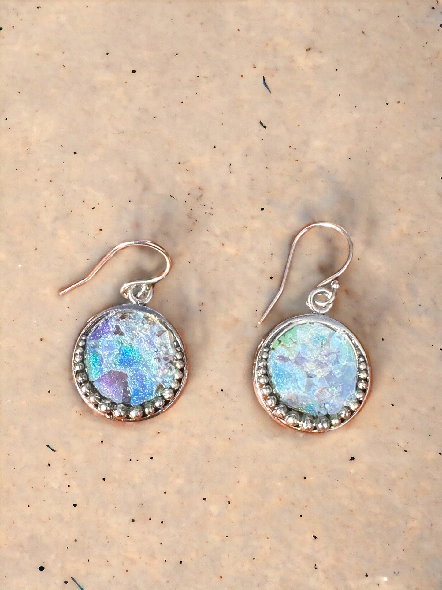 Ancient Roman Glass Round Sterling Silver Earrings