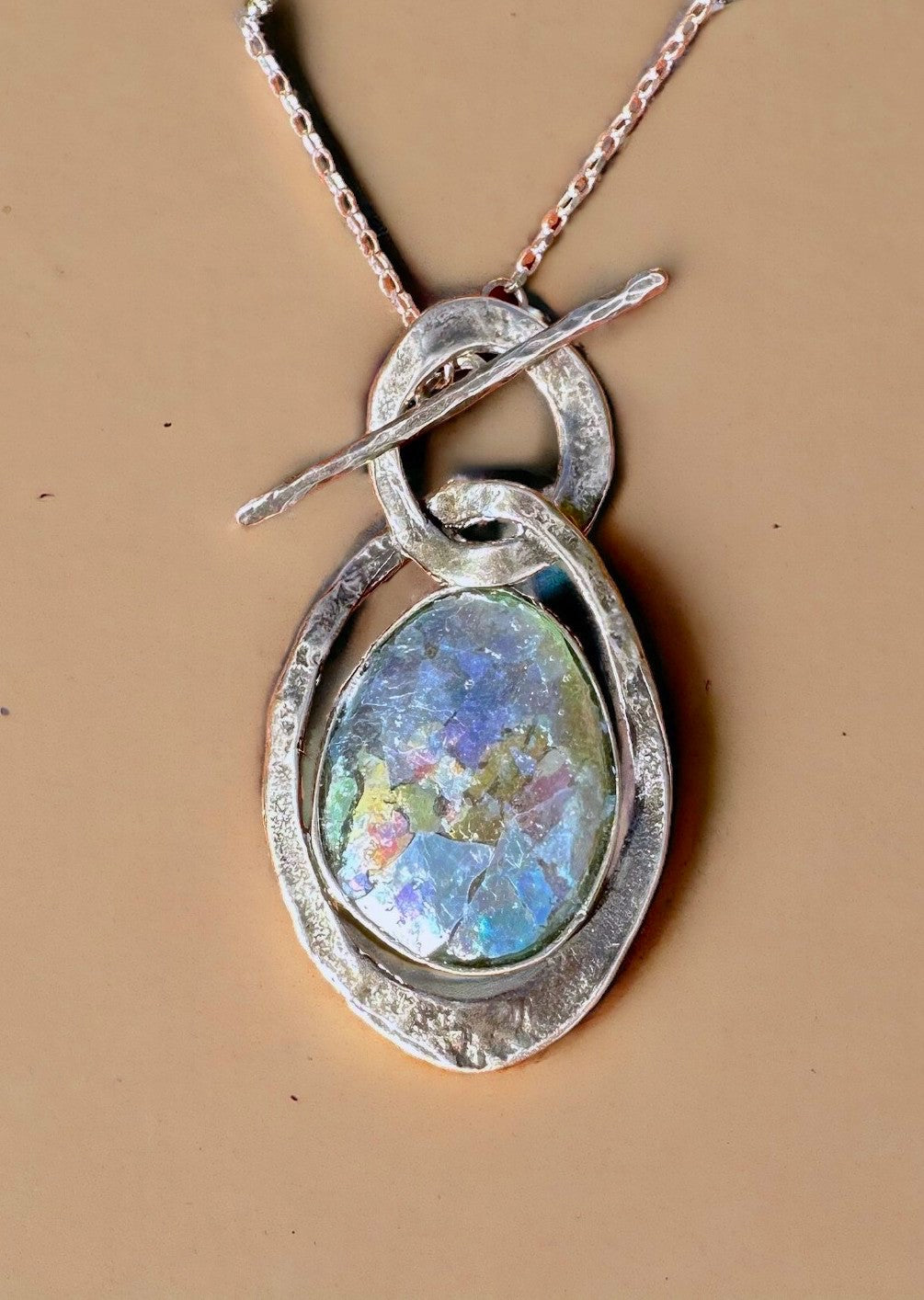 Ancient Roman Glass Double Oval Sterling Silver Necklace