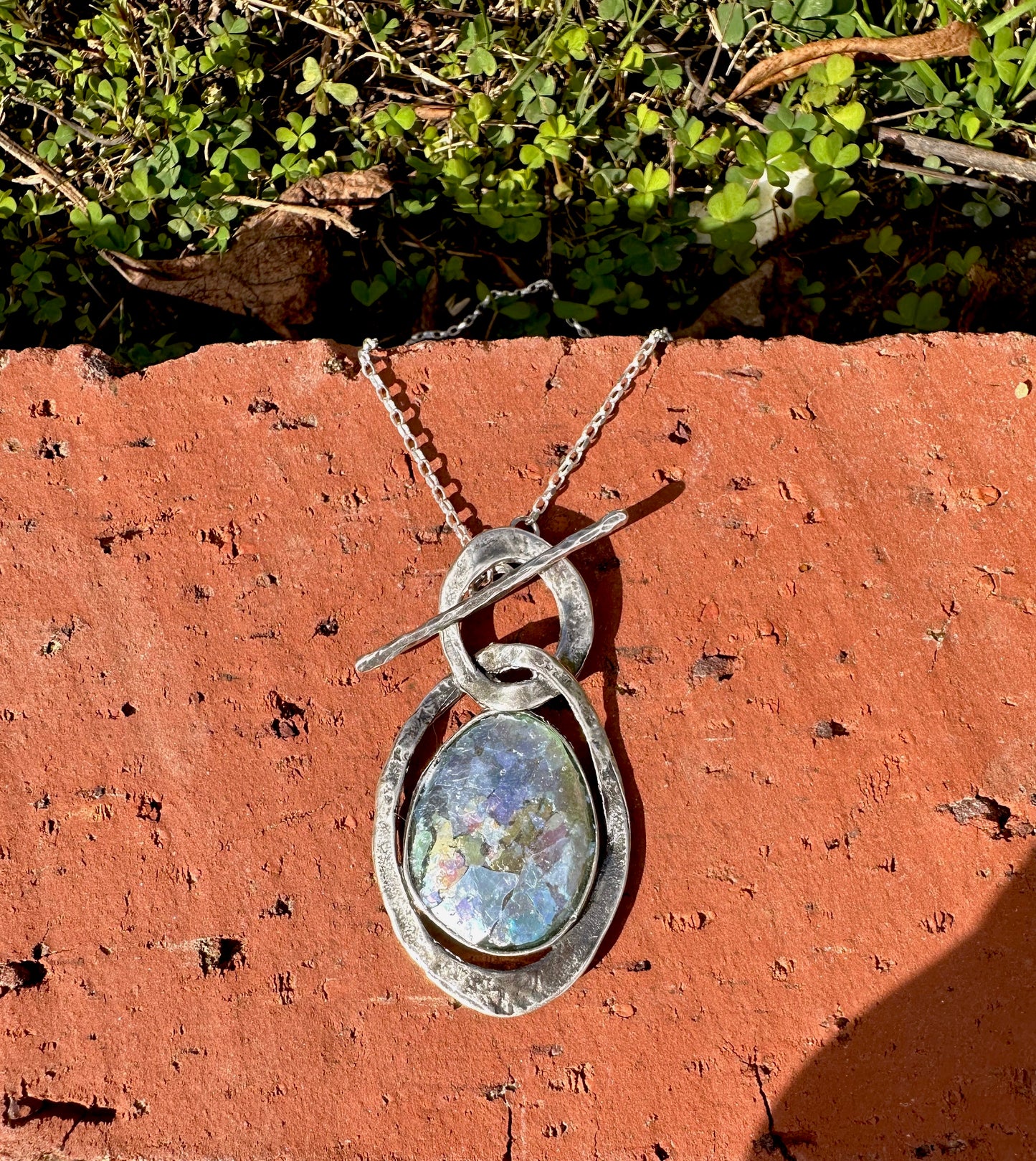 Ancient Roman Glass Double Oval Sterling Silver Necklace