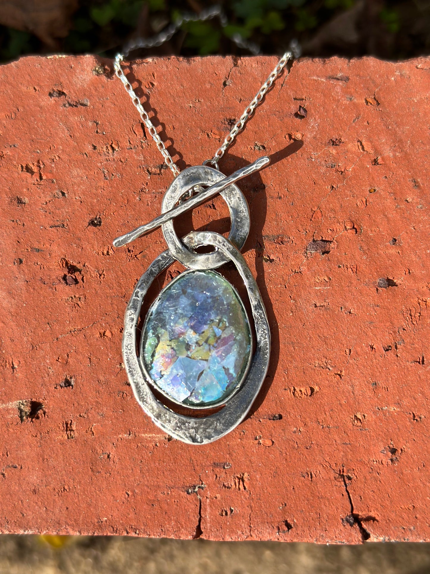 Ancient Roman Glass Double Oval Sterling Silver Necklace