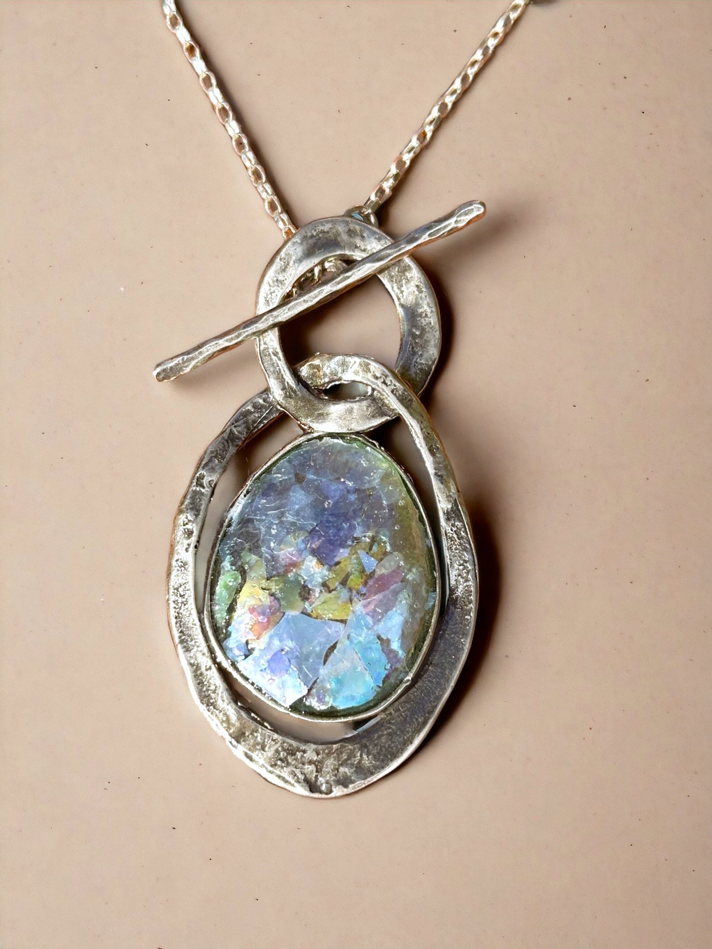 Ancient Roman Glass Double Oval Sterling Silver Necklace