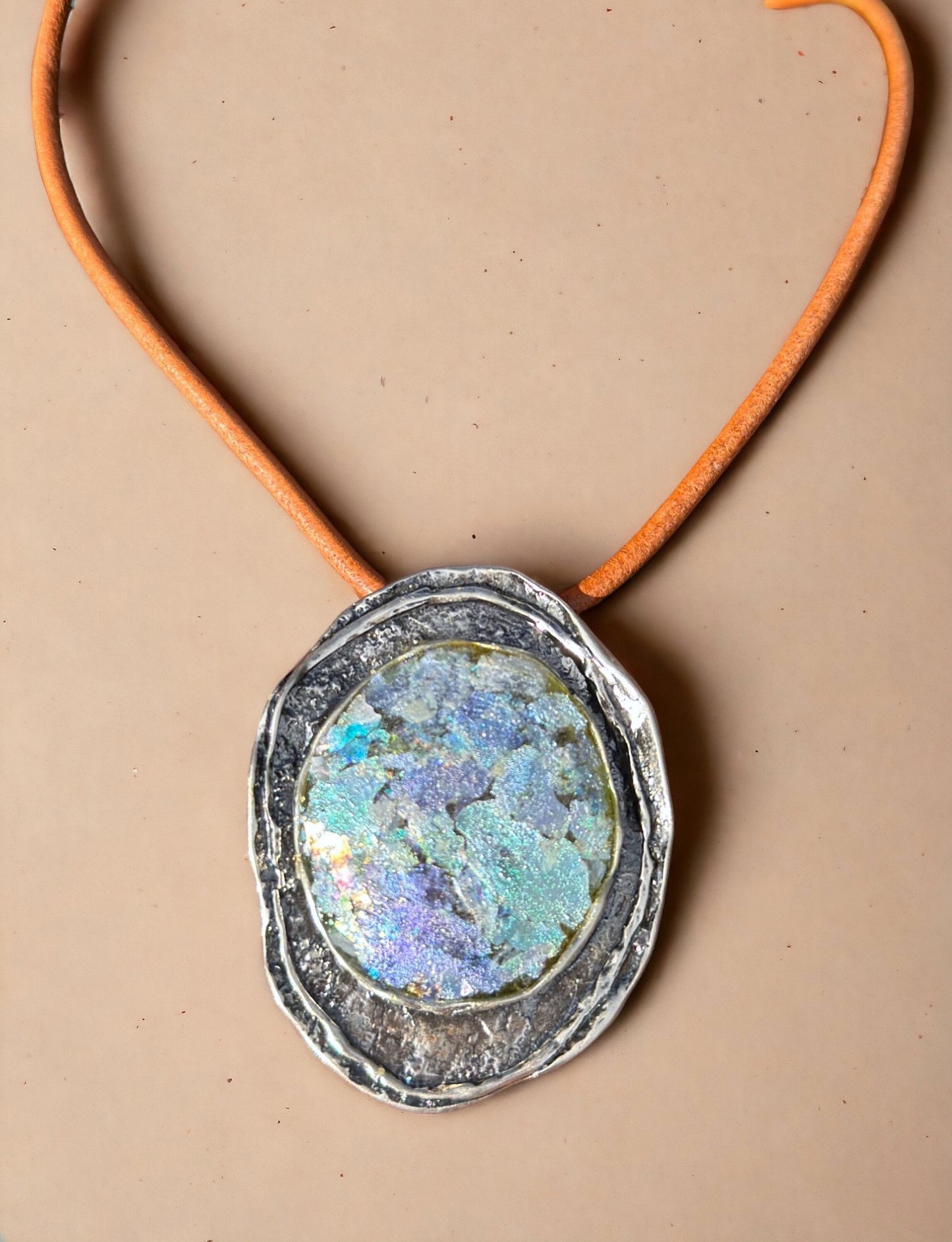 Ancient Roman Glass Big Hammered Oval Sterling Silver Necklace
