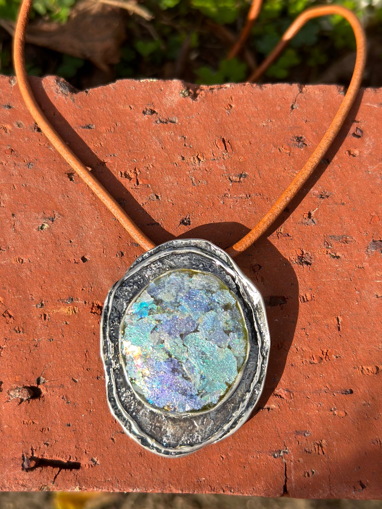 Ancient Roman Glass Big Hammered Oval Sterling Silver Necklace