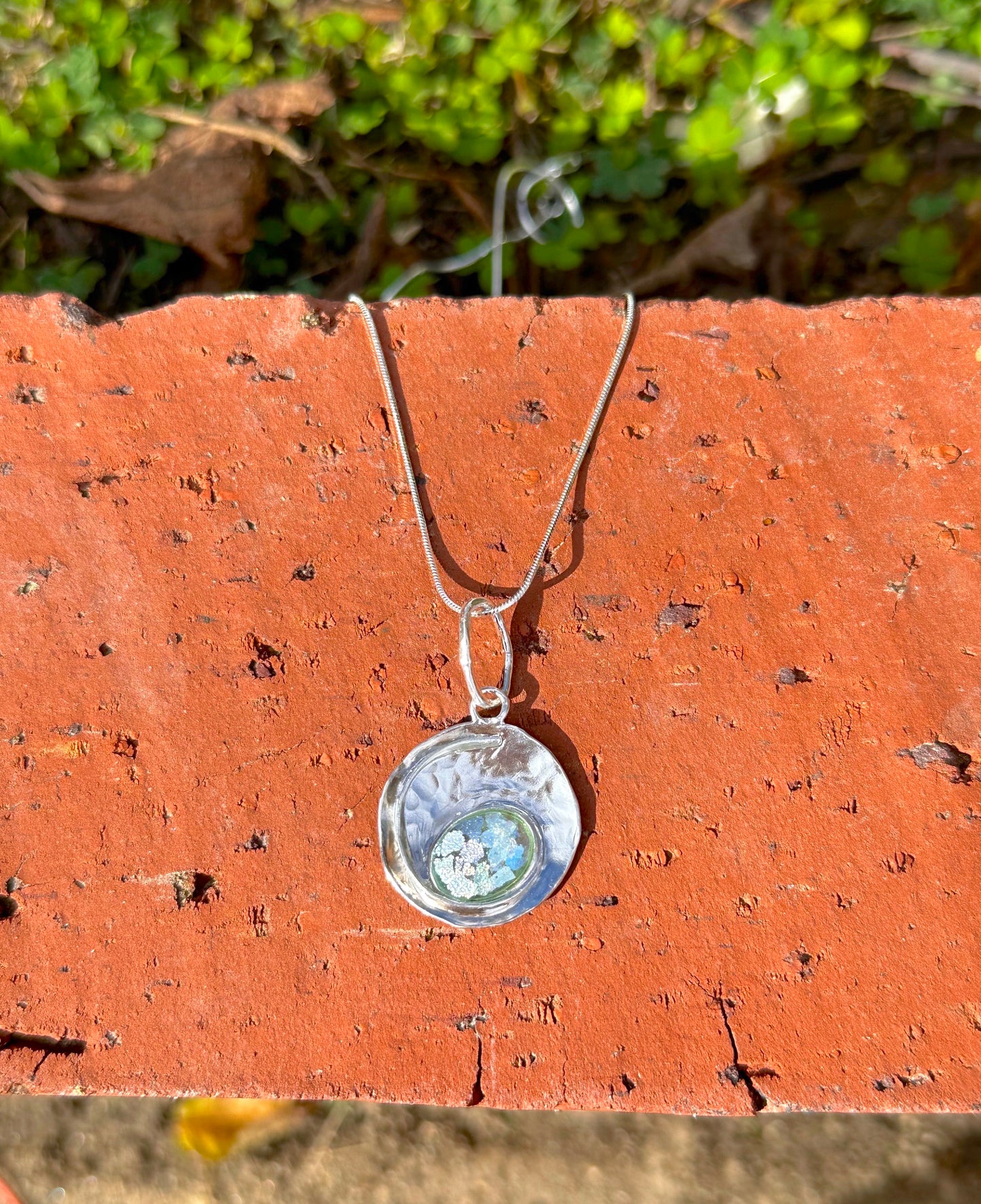 Ancient Roman Glass Wire Around Oval Sterling Silver Necklace
