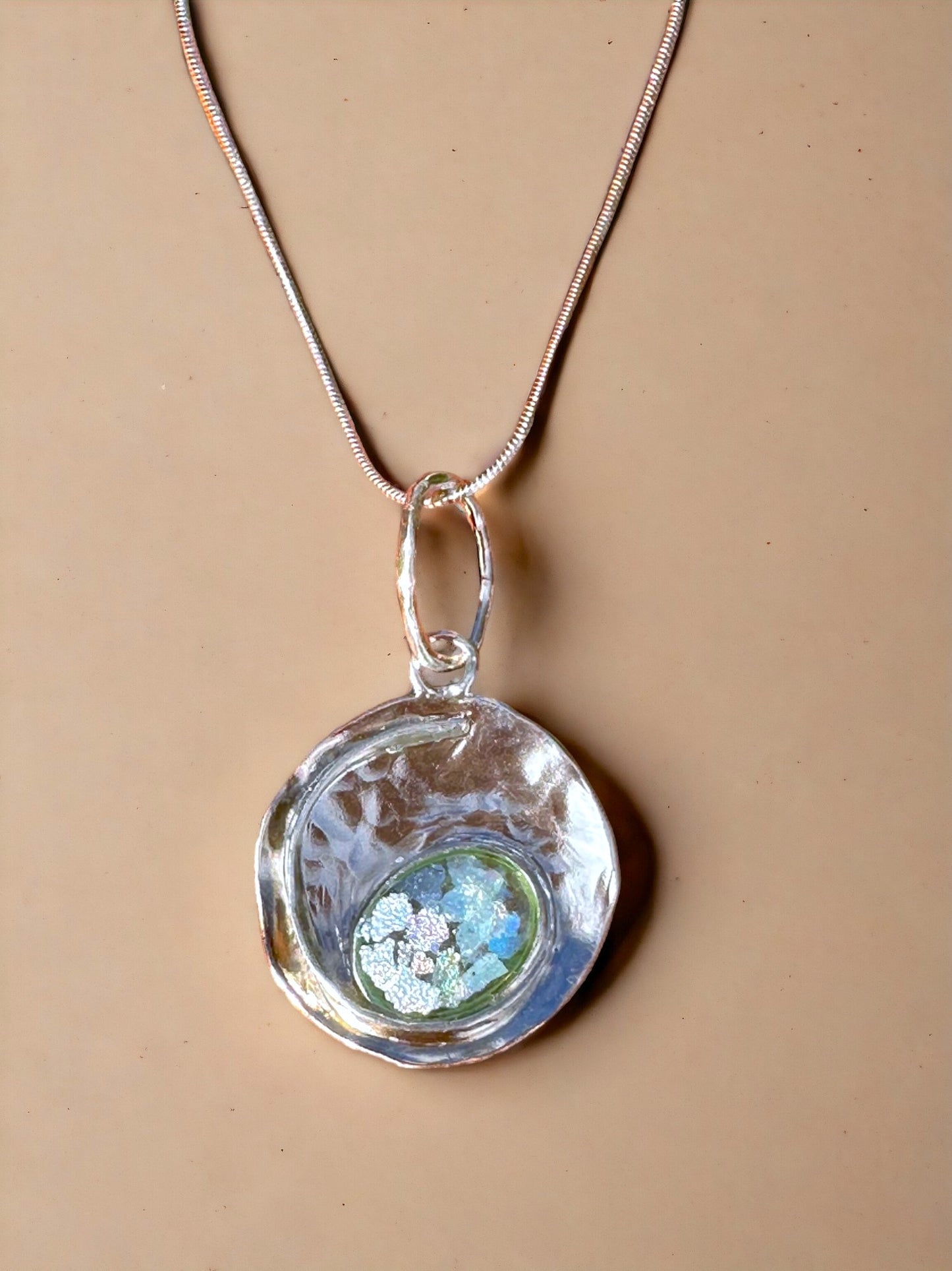 Ancient Roman Glass Wire Around Oval Sterling Silver Necklace