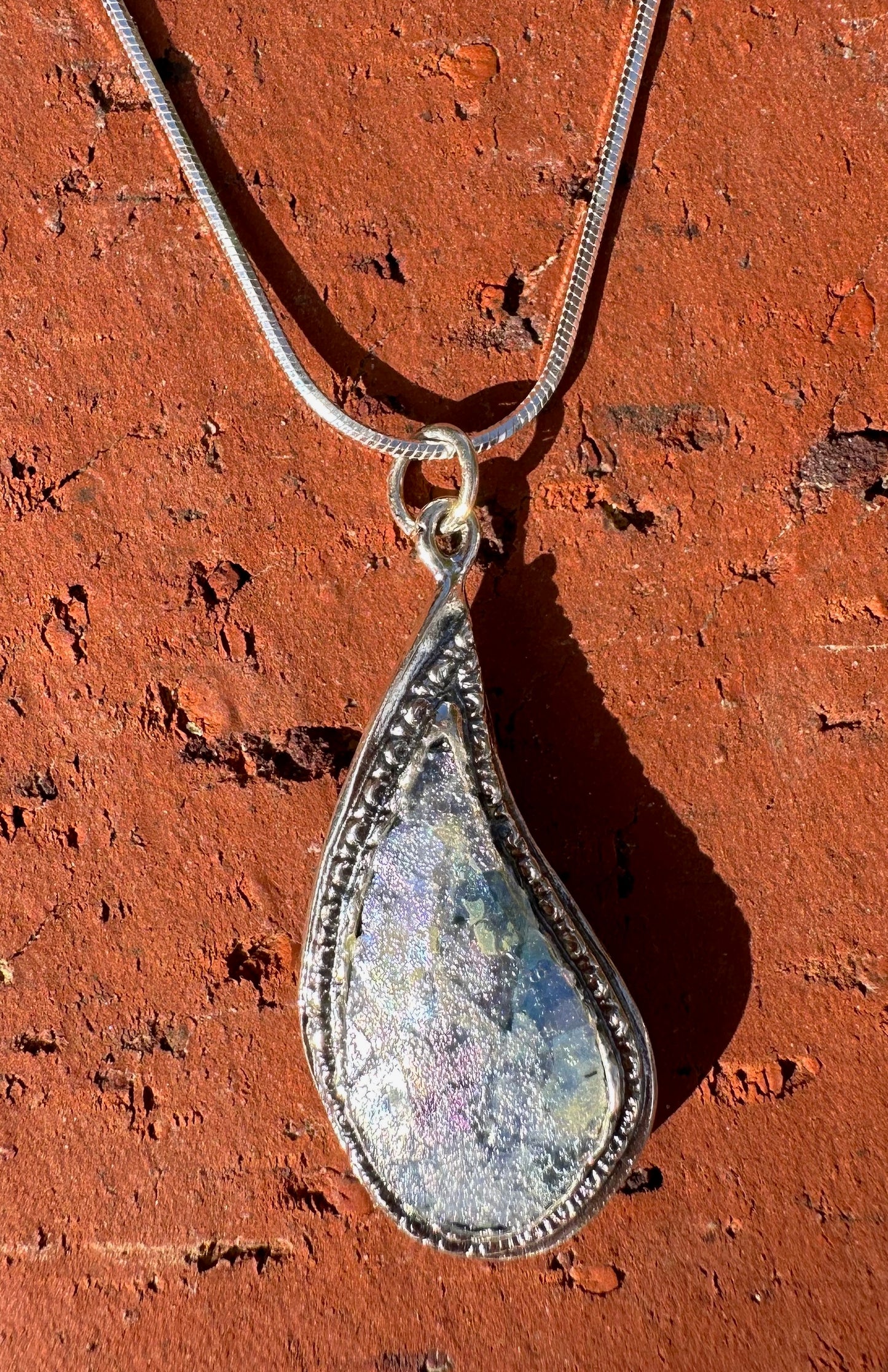 Teardrop Ancient Roman Glass Sterling Silver Necklace