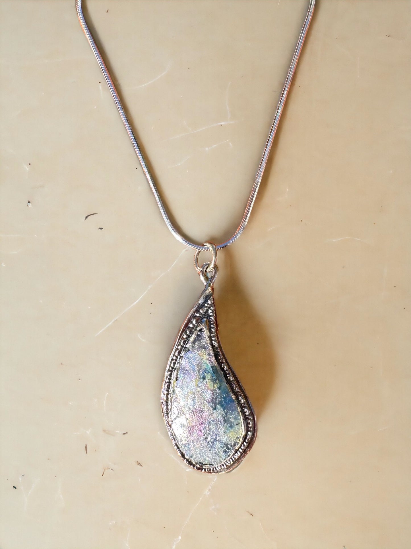 Teardrop Ancient Roman Glass Sterling Silver Necklace