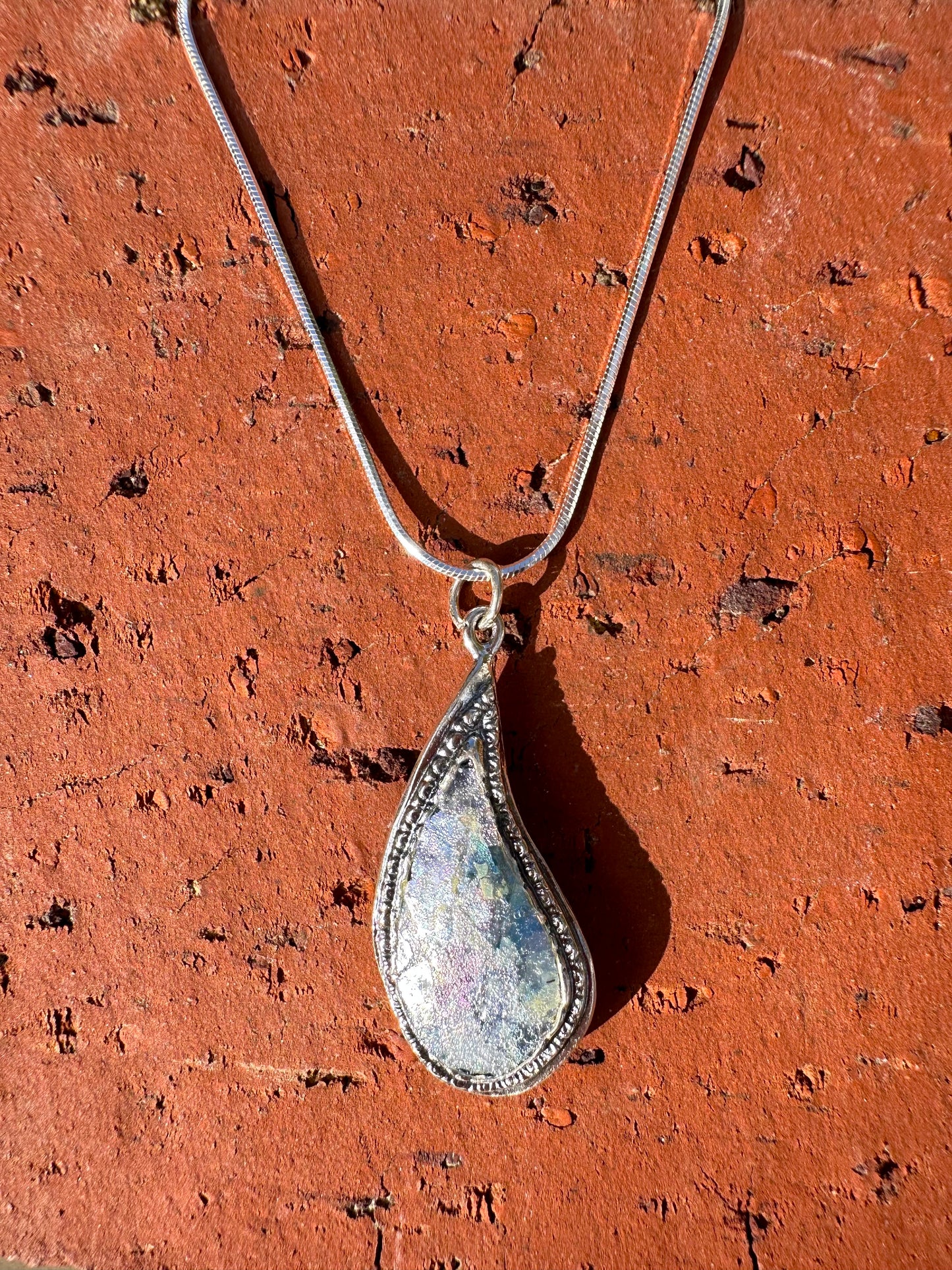 Teardrop Ancient Roman Glass Sterling Silver Necklace