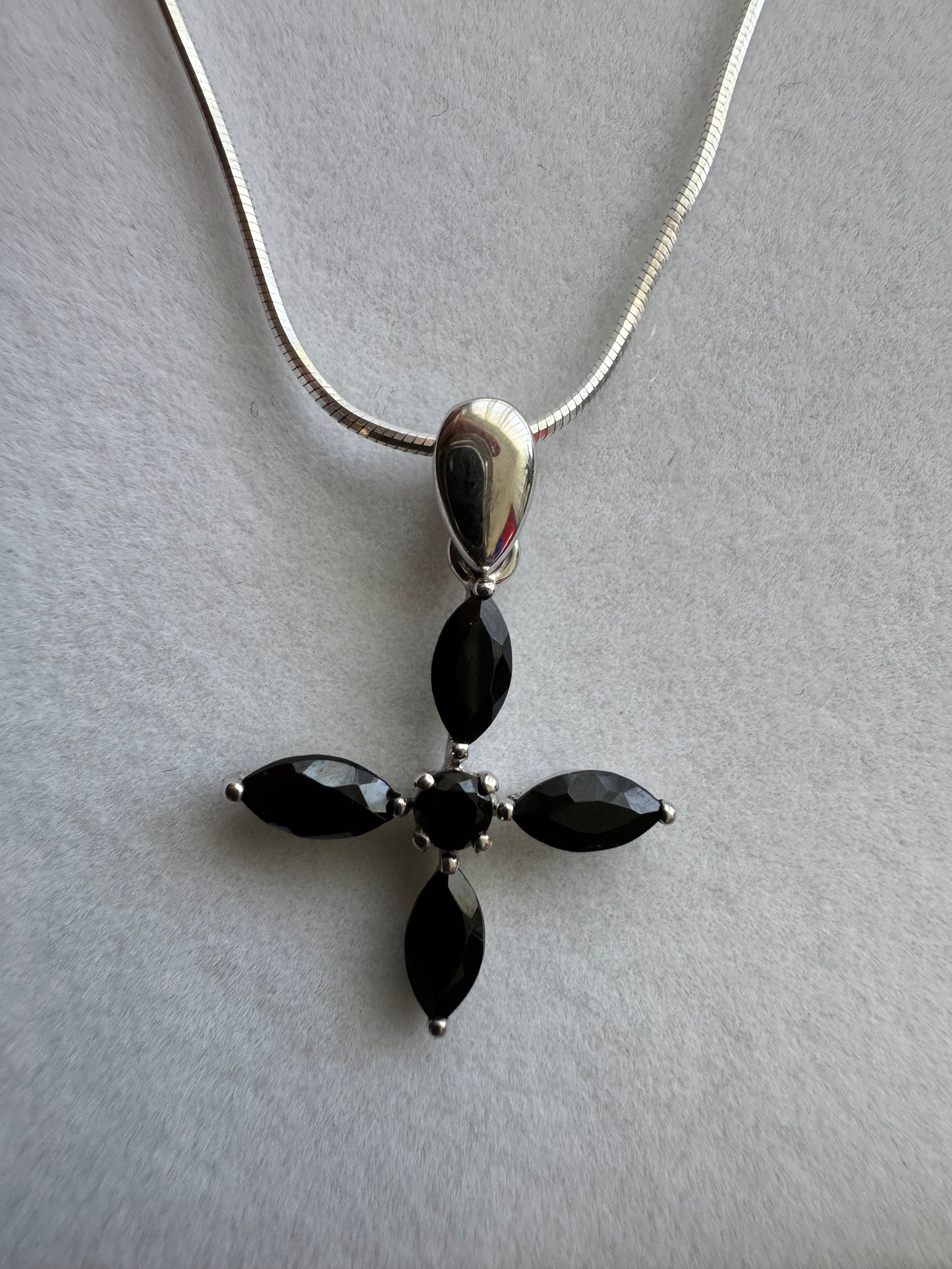 Black Spinel Blossom Cross Necklace