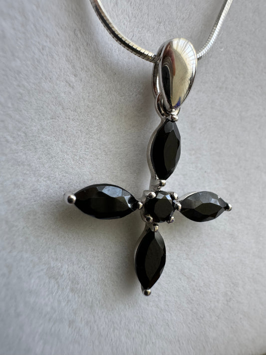 Black Spinel Blossom Cross Necklace
