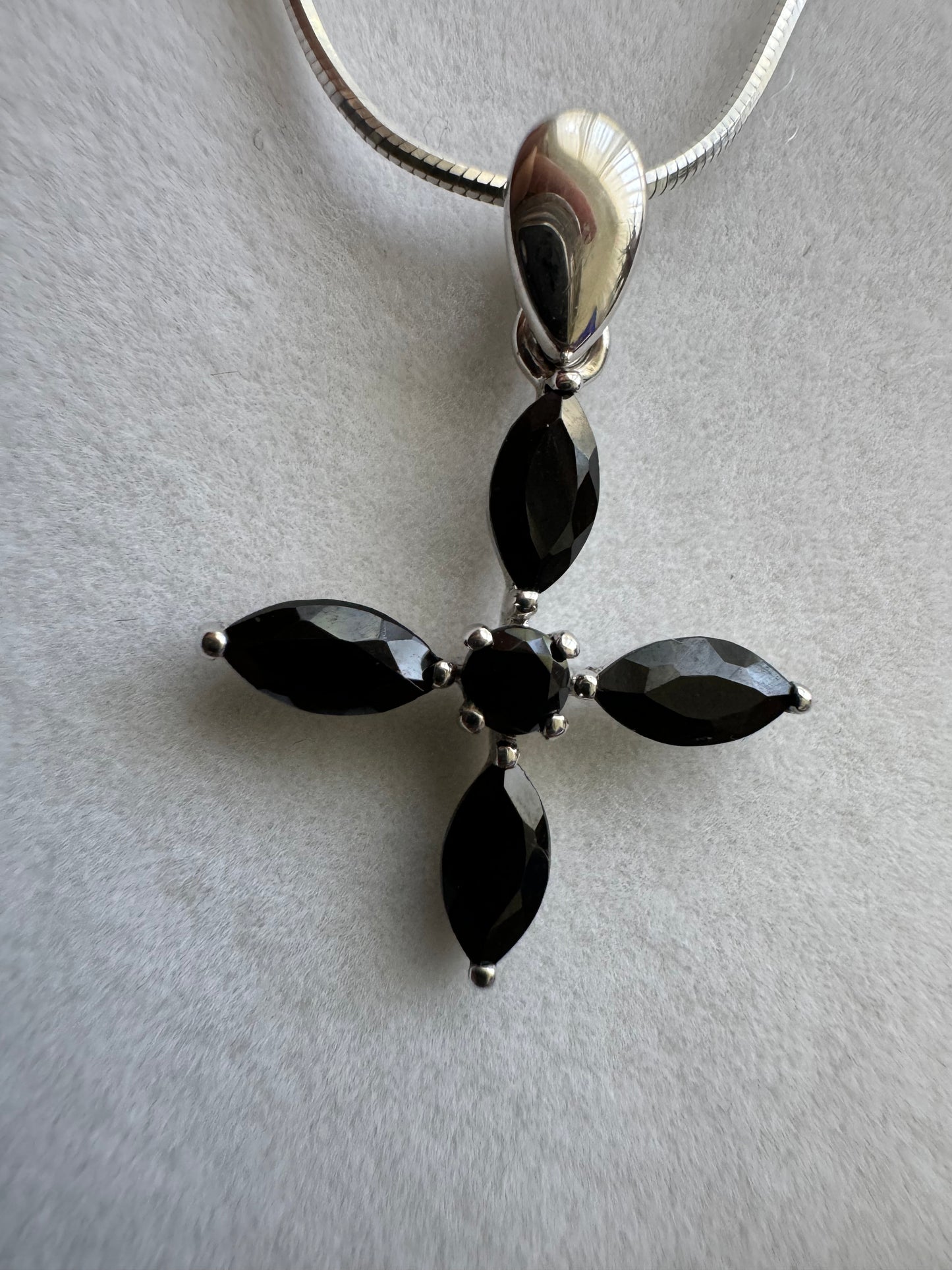 Black Spinel Blossom Cross Necklace