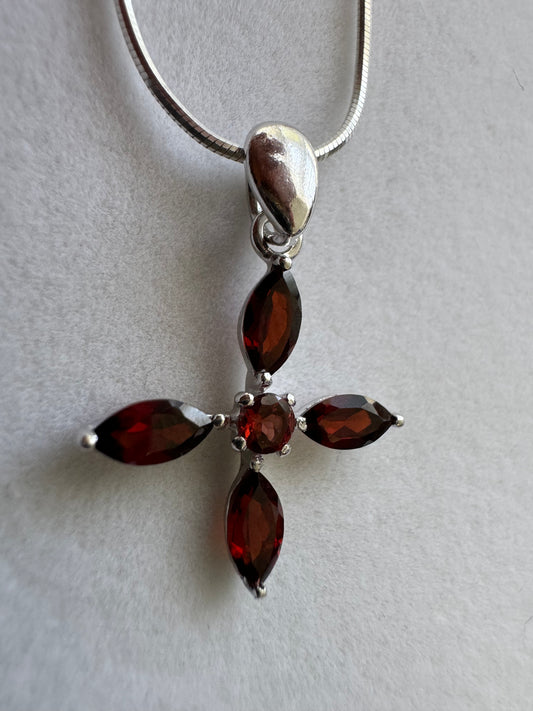 Garnet Blossom Cross Necklace