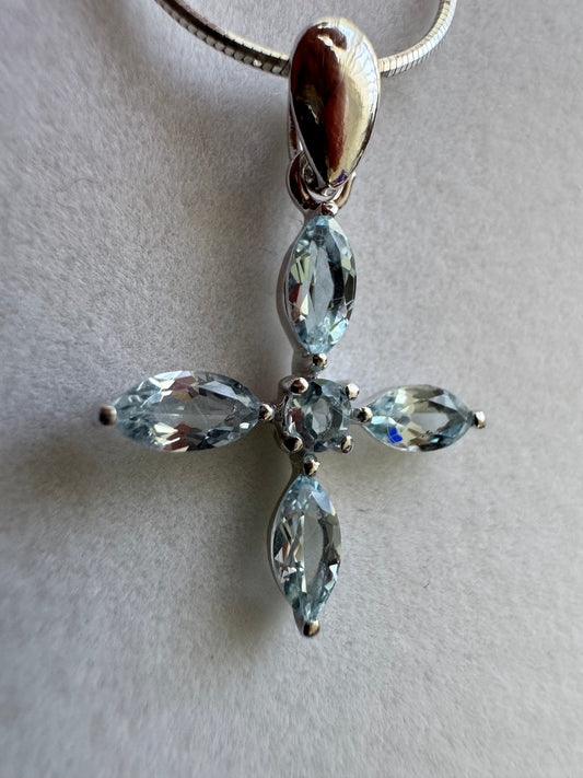 Blue Topaz Blossom Cross Necklace