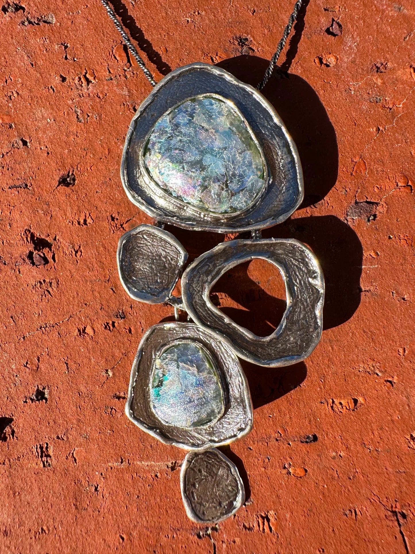 Ancient Roman Glass Freeform Hanging Sterling Silver Necklace
