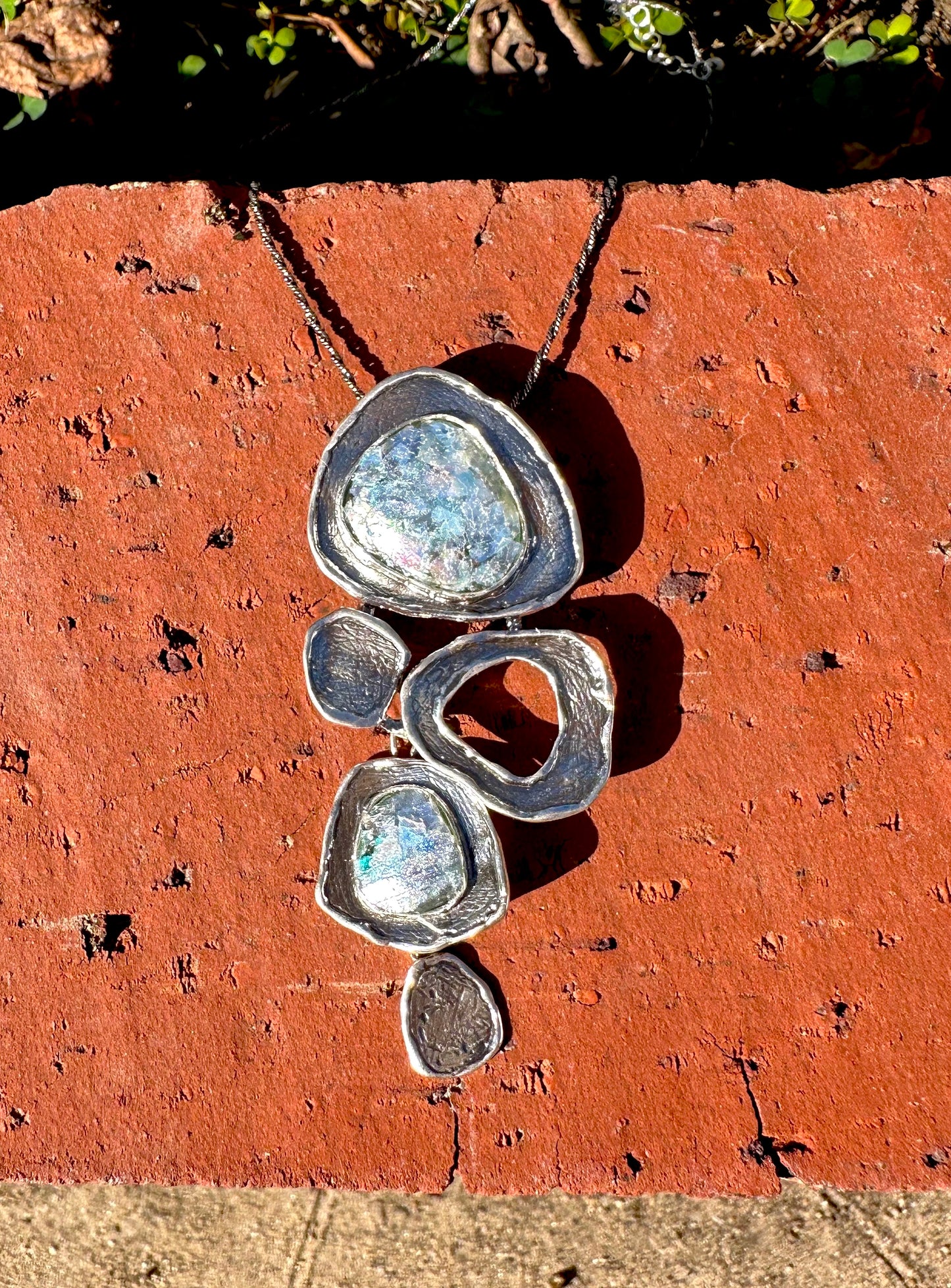 Ancient Roman Glass Freeform Hanging Sterling Silver Necklace