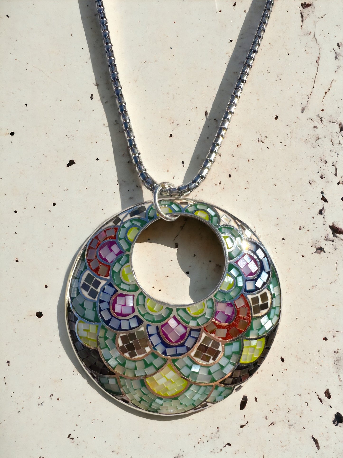 Mosaic Blue, Brown, Purple & Green Big Round Sterling Silver Necklace (Heavy Chain)
