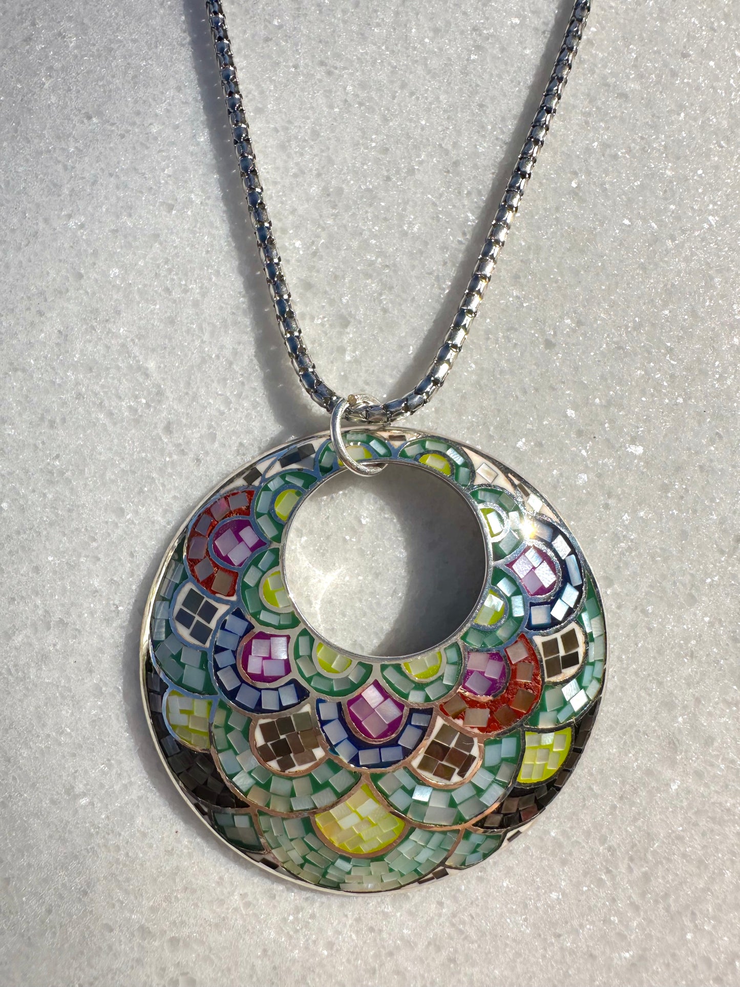 Mosaic Blue, Brown, Purple & Green Big Round Sterling Silver Necklace (Heavy Chain)