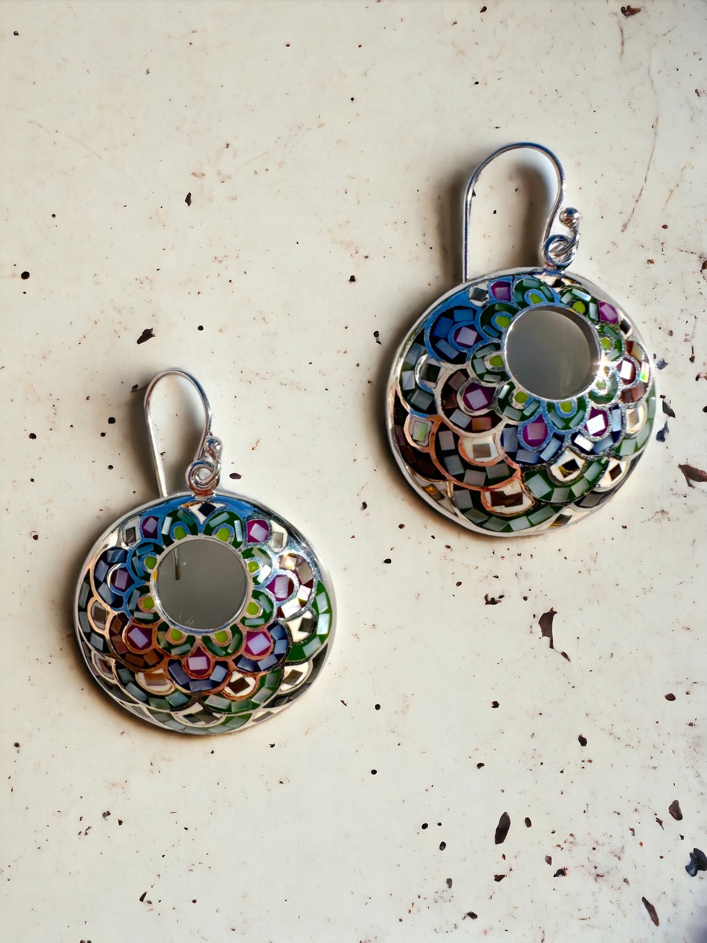 Mosaic Blue, Brown, Purple & Green Big Round Sterling Silver Earrings