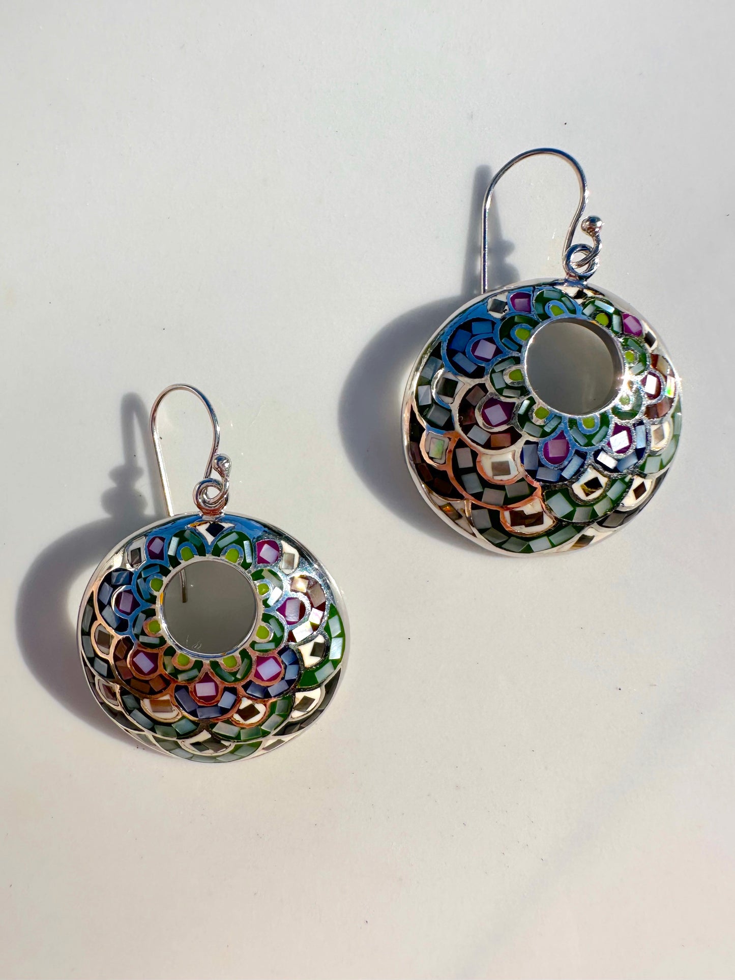 Mosaic Blue, Brown, Purple & Green Big Round Sterling Silver Earrings