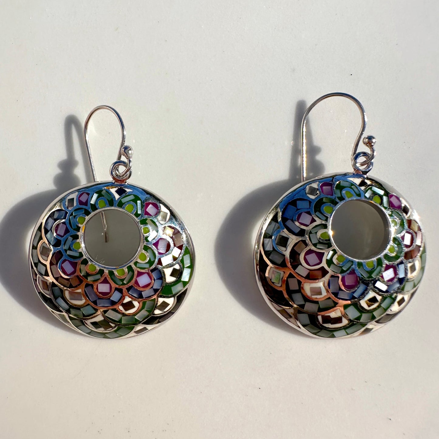Mosaic Blue, Brown, Purple & Green Big Round Sterling Silver Earrings