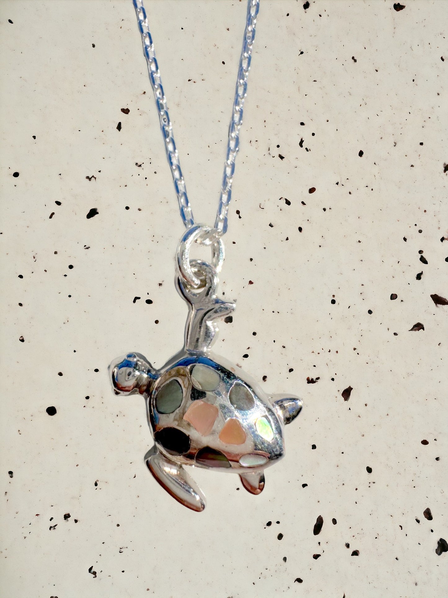 Mosaic Turtle Sterling Silver Necklace (Snake Chain)