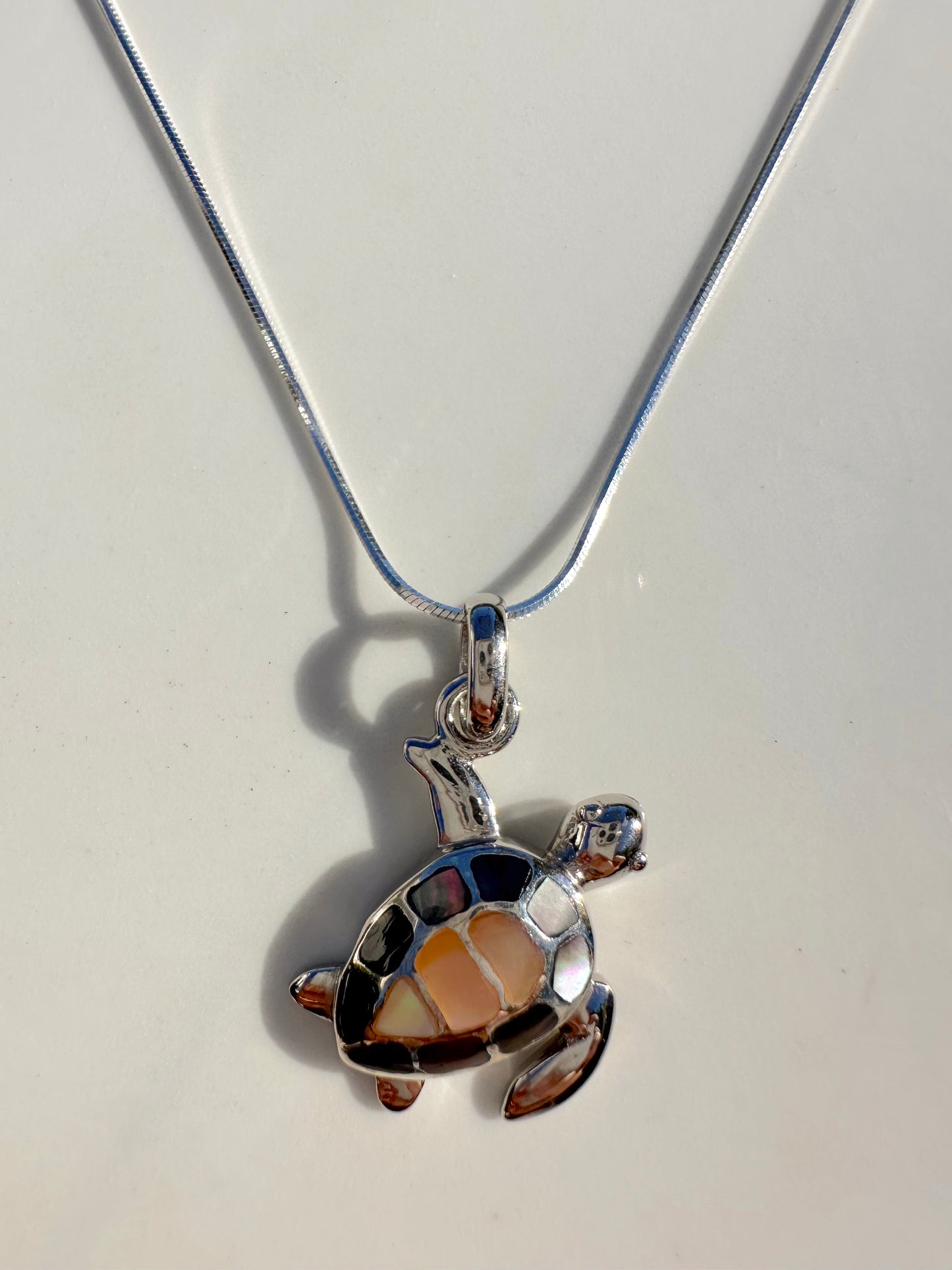 Mosaic Turtle Sterling Silver Necklace (Snake Chain)