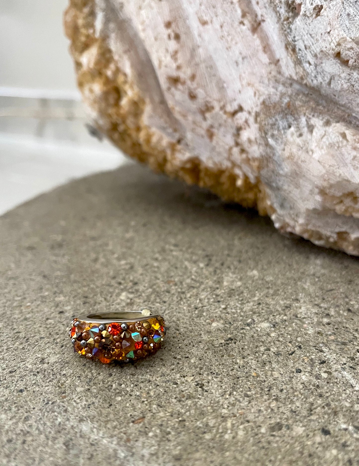 Tan & Orange Multi-Color Austrian Crystal Sterling Silver Ring