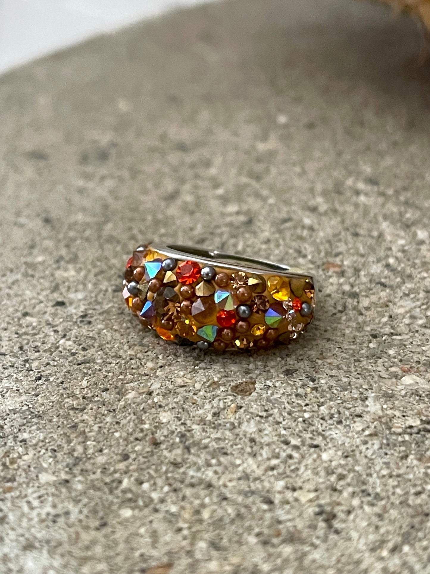 Tan & Orange Multi-Color Austrian Crystal Sterling Silver Ring