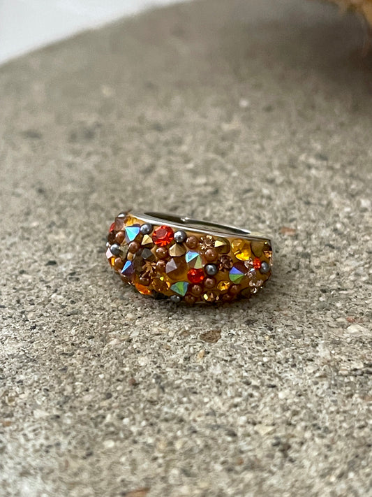 Tan & Orange Multi-Color Austrian Crystal Sterling Silver Ring