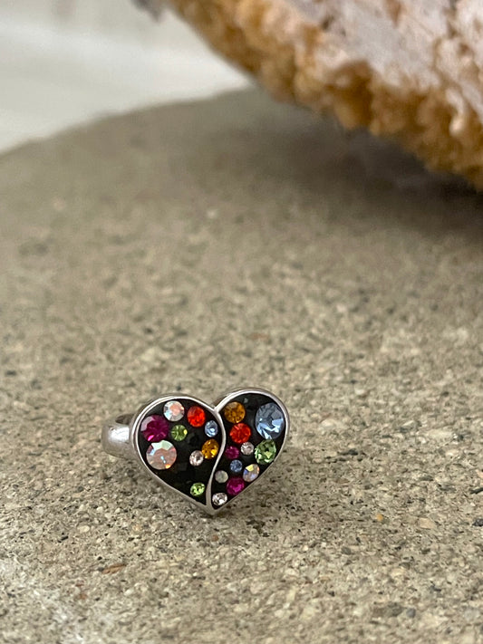 Black & Multi-Color Austrian Crystal Sterling Silver Heart Ring