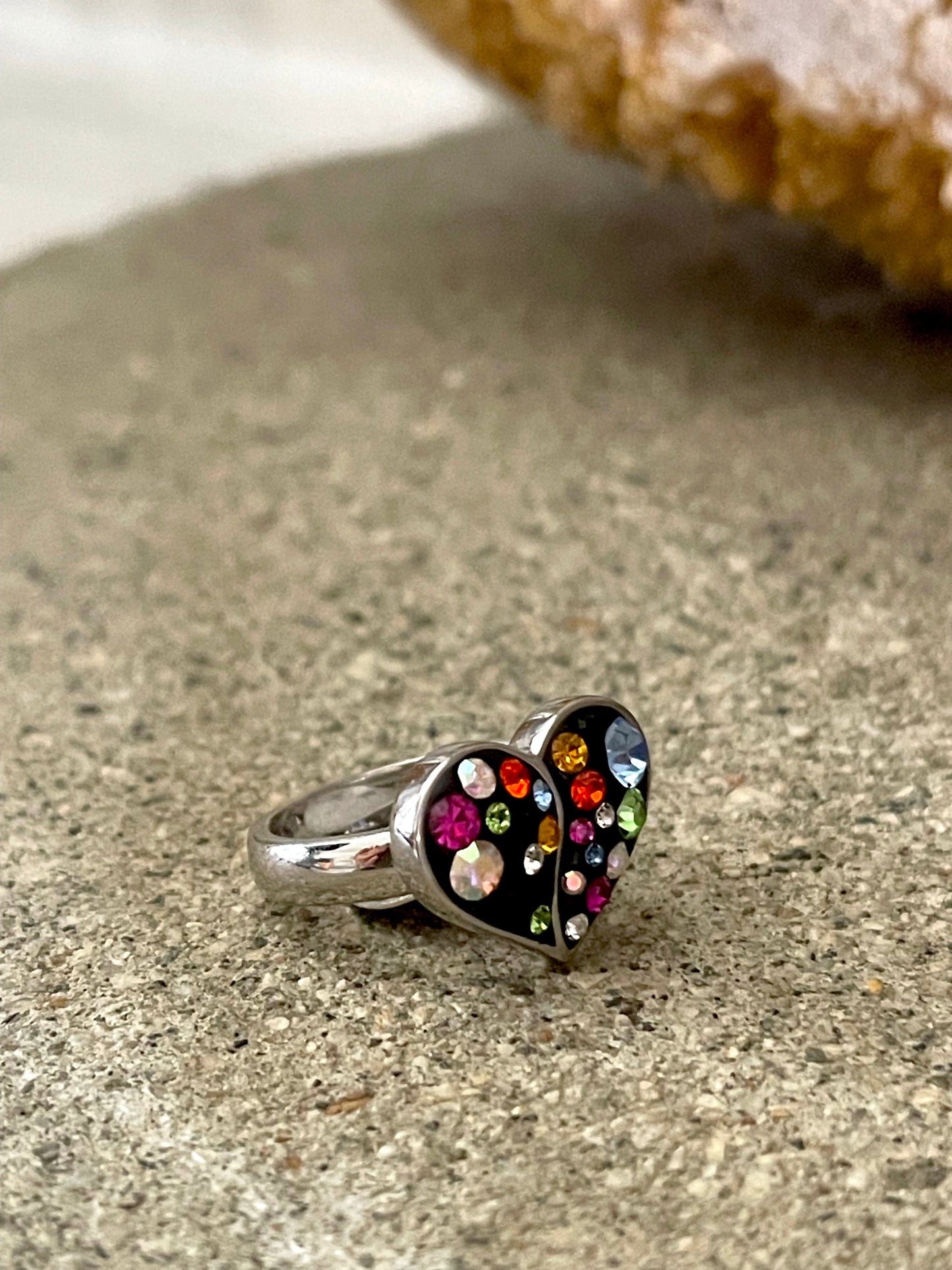 Black & Multi-Color Austrian Crystal Sterling Silver Heart Ring