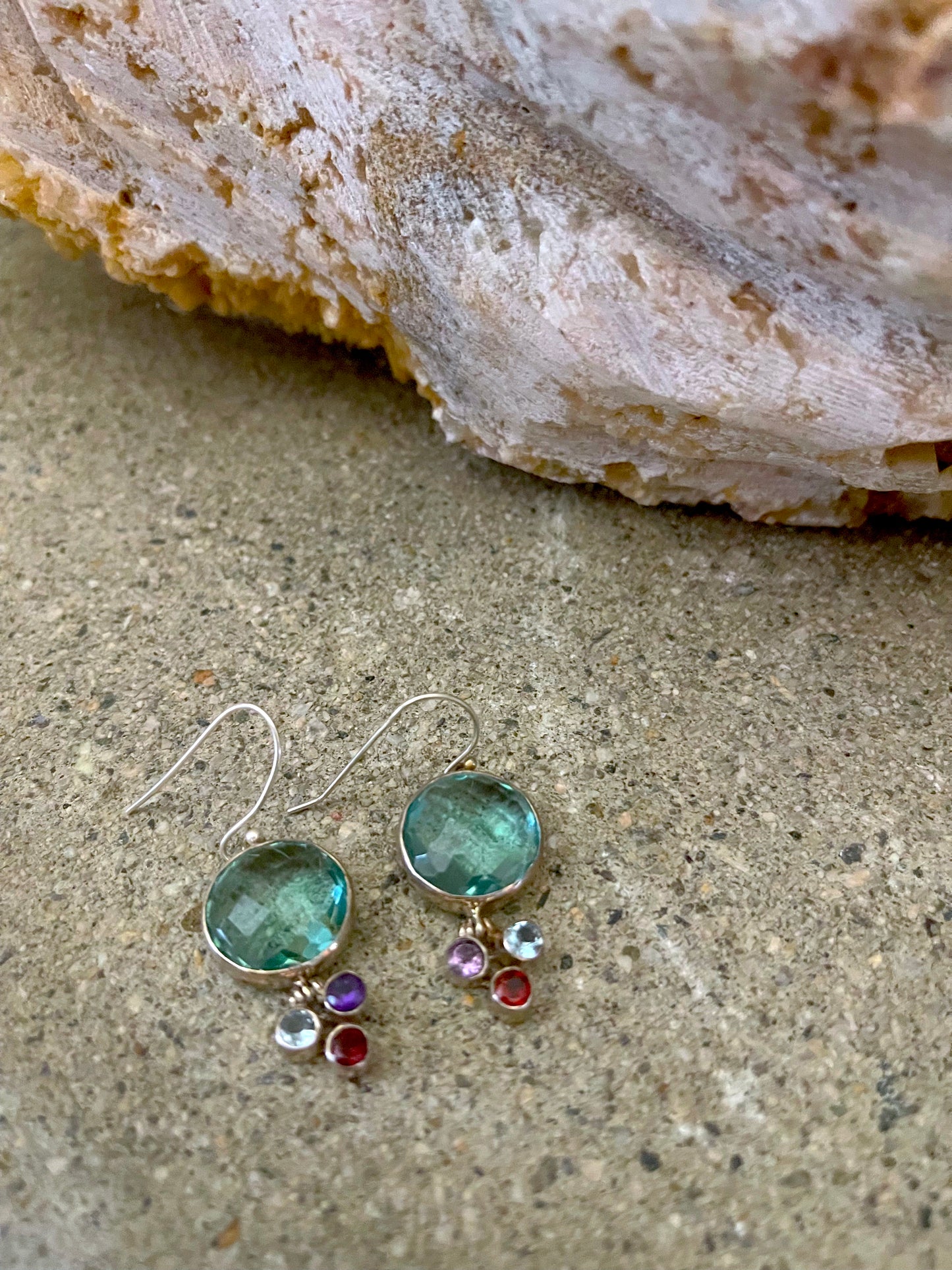 Green Obsidian with Amethyst Garnet & Blue Topaz Sterling Silver Earrings