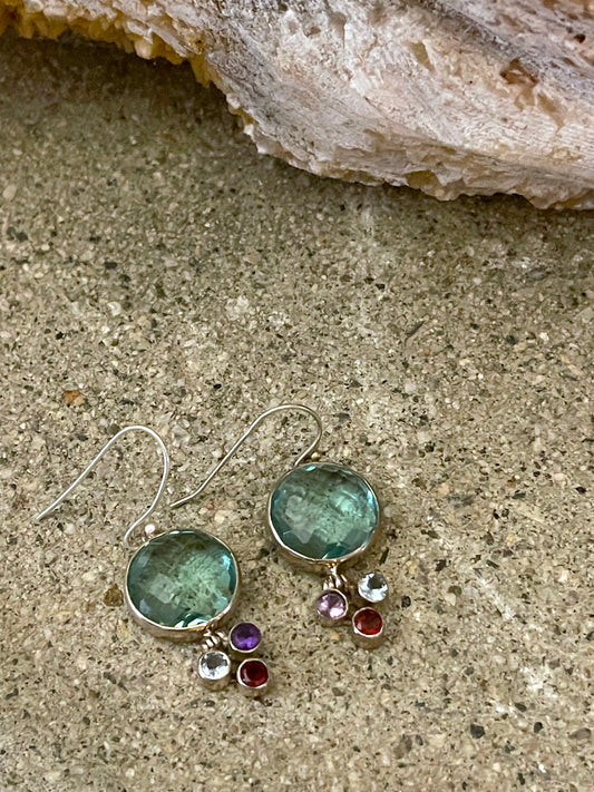 Green Obsidian with Amethyst Garnet & Blue Topaz Sterling Silver Earrings