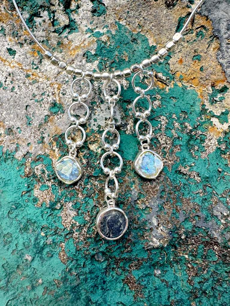Ancient Roman Glass & Roman Coin Sterling Silver Necklace