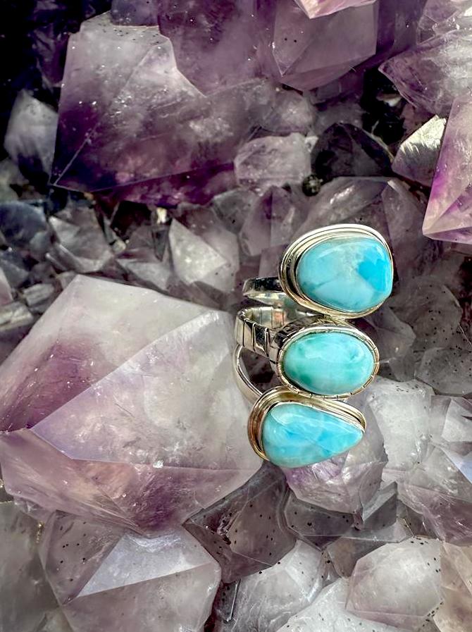 3 Larimar Stones Sterling Silver Ring